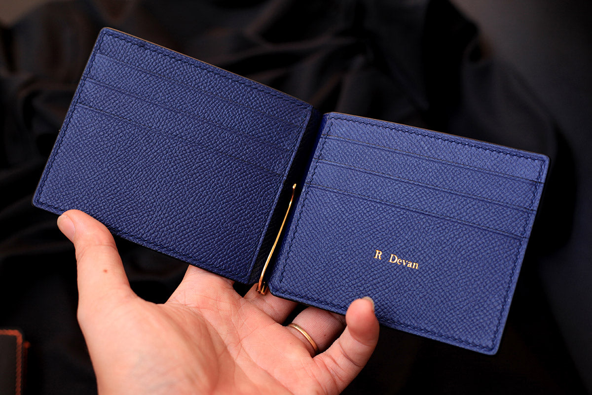 blue epsom leather money clip wallet