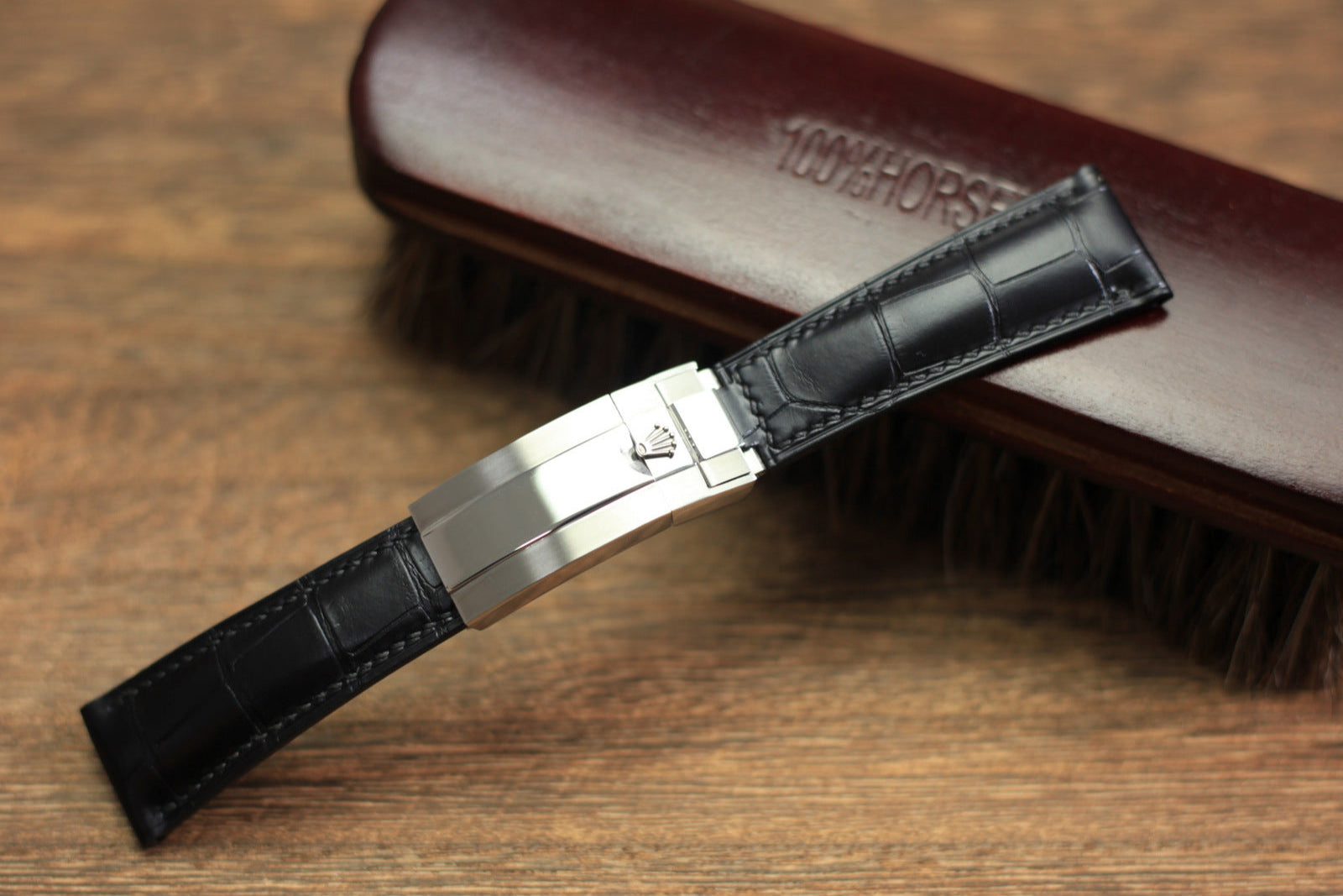 Black alligator leather strap on a Rolex, handcrafted by AugLeather