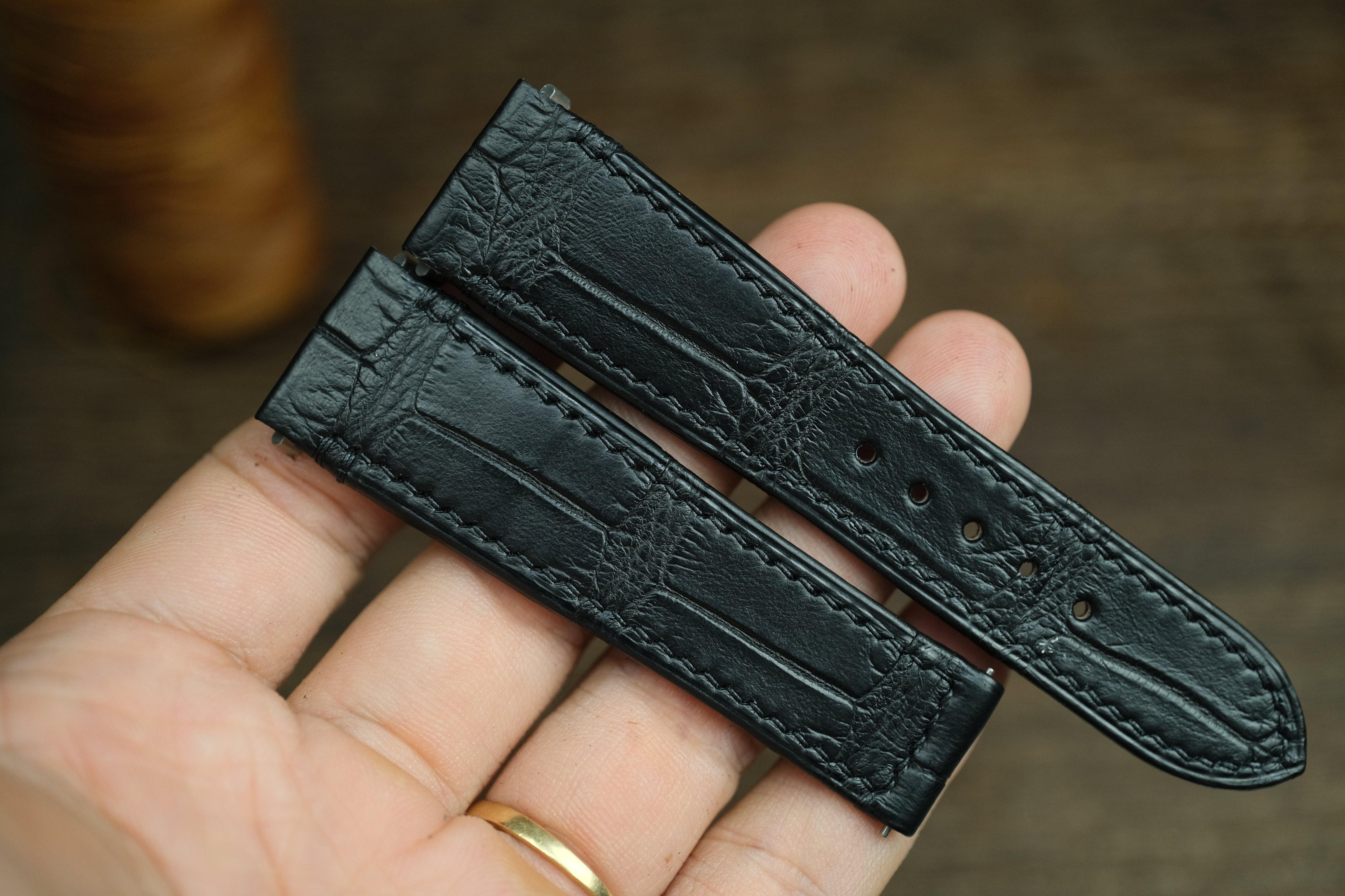 Black alligator leather strap on a Cartier Santos de Cartier, handcrafted by AugLeather