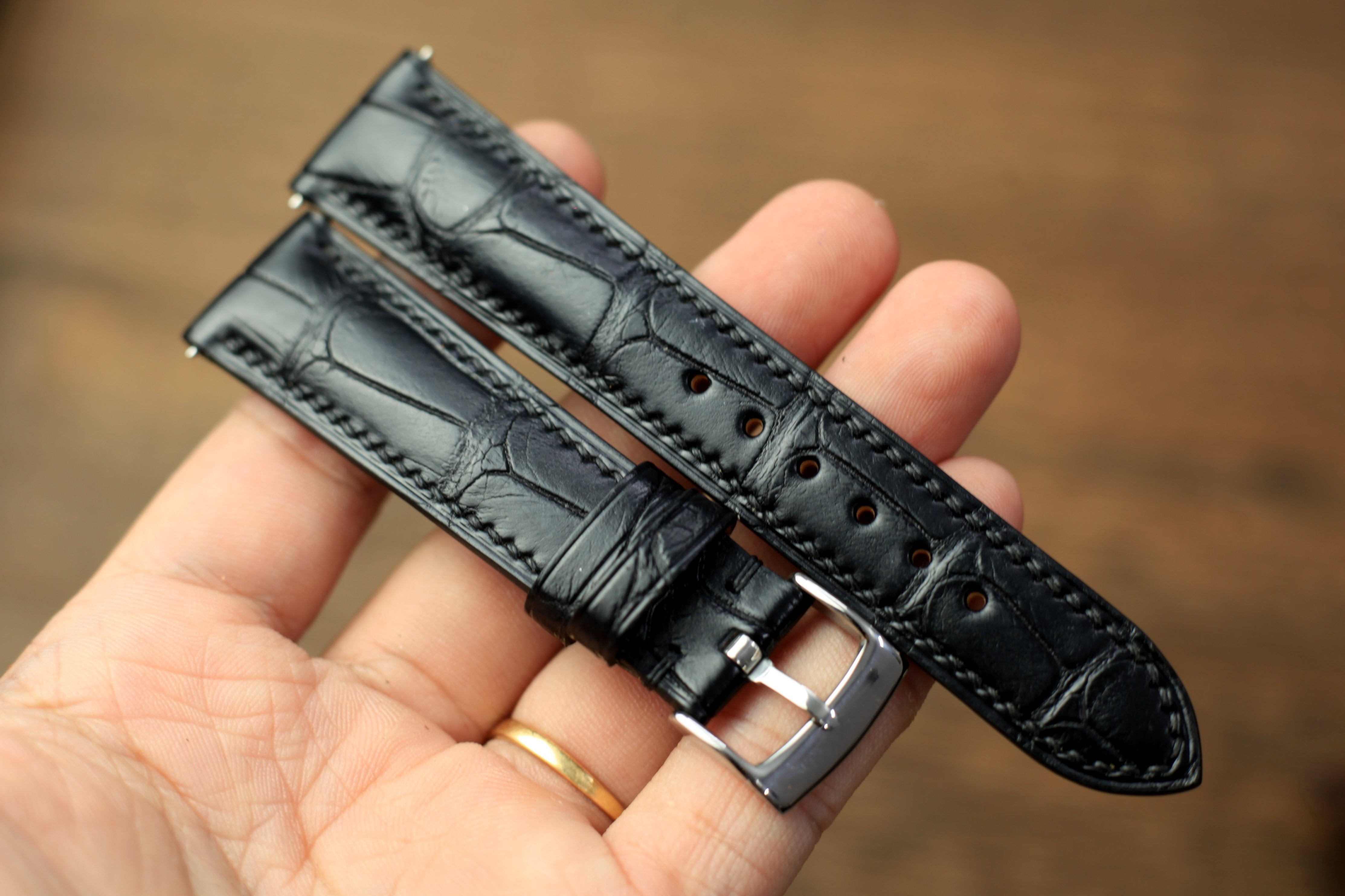 Matte black alligator leather strap suited for IWC Portugieser and Pilot watches, handcrafted by AugLeather
