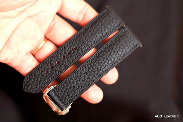 LEATHER WATCH STRAP FOR OMEGA, BLACK TOGO LEATHER HANDMADE BAND.