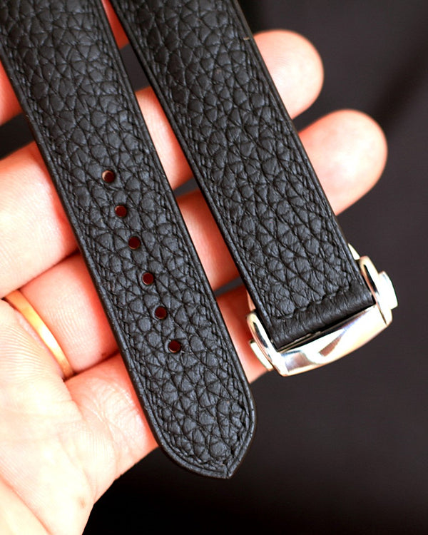 LEATHER WATCH STRAP FOR OMEGA, BLACK TOGO LEATHER HANDMADE BAND.