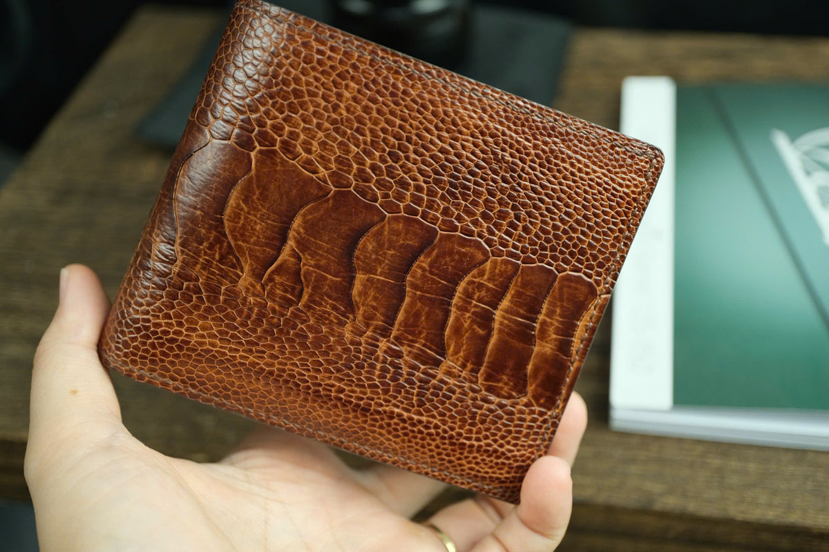 Chestnut Brown Ostrich Leather Biflod Wallet.