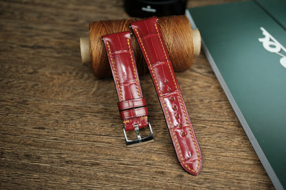 Genuine Glossy Dark Red Alligator Leather, Handmade Watch Strap.
