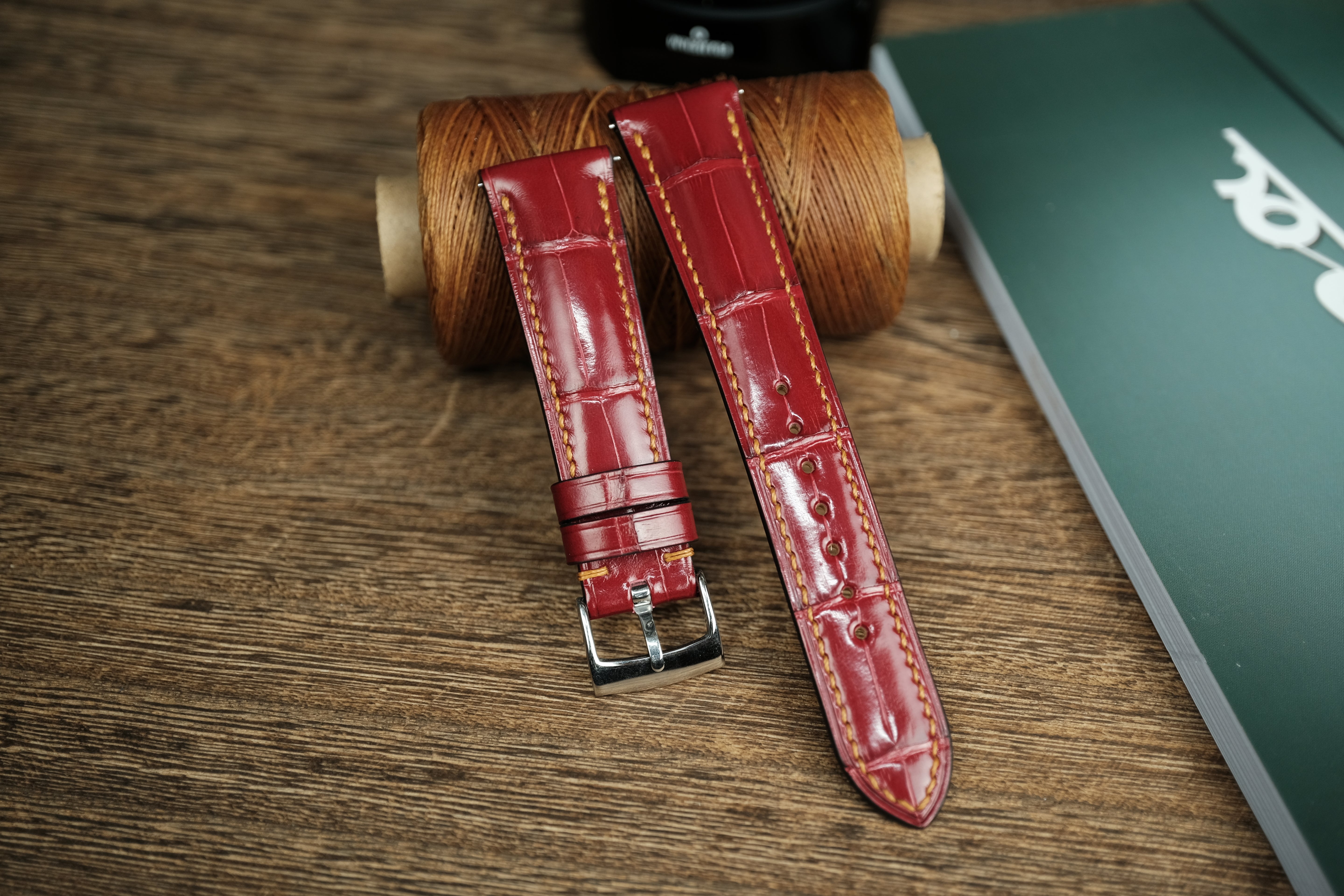 Genuine Glossy Dark Red Alligator Leather, Handmade Watch Strap.