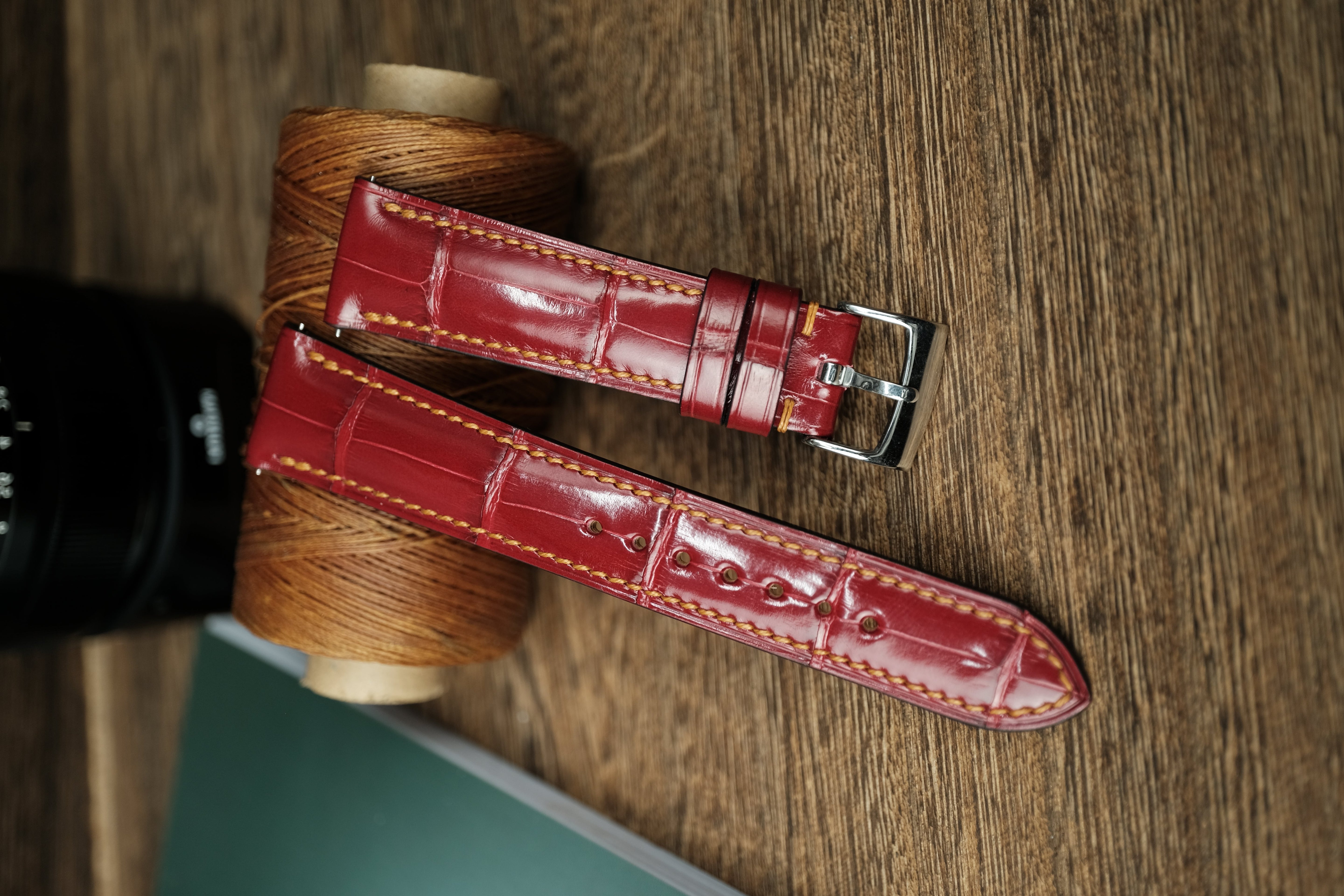 Genuine Glossy Dark Red Alligator Leather, Handmade Watch Strap.