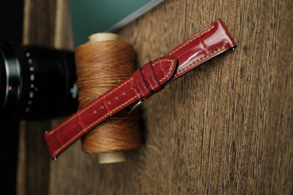 Genuine Glossy Dark Red Alligator Leather, Handmade Watch Strap.