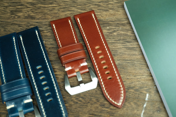 PANERAI WATCH BAND HANDMADE, SHELLCORDOVAN RED-BROWN LEATHER.