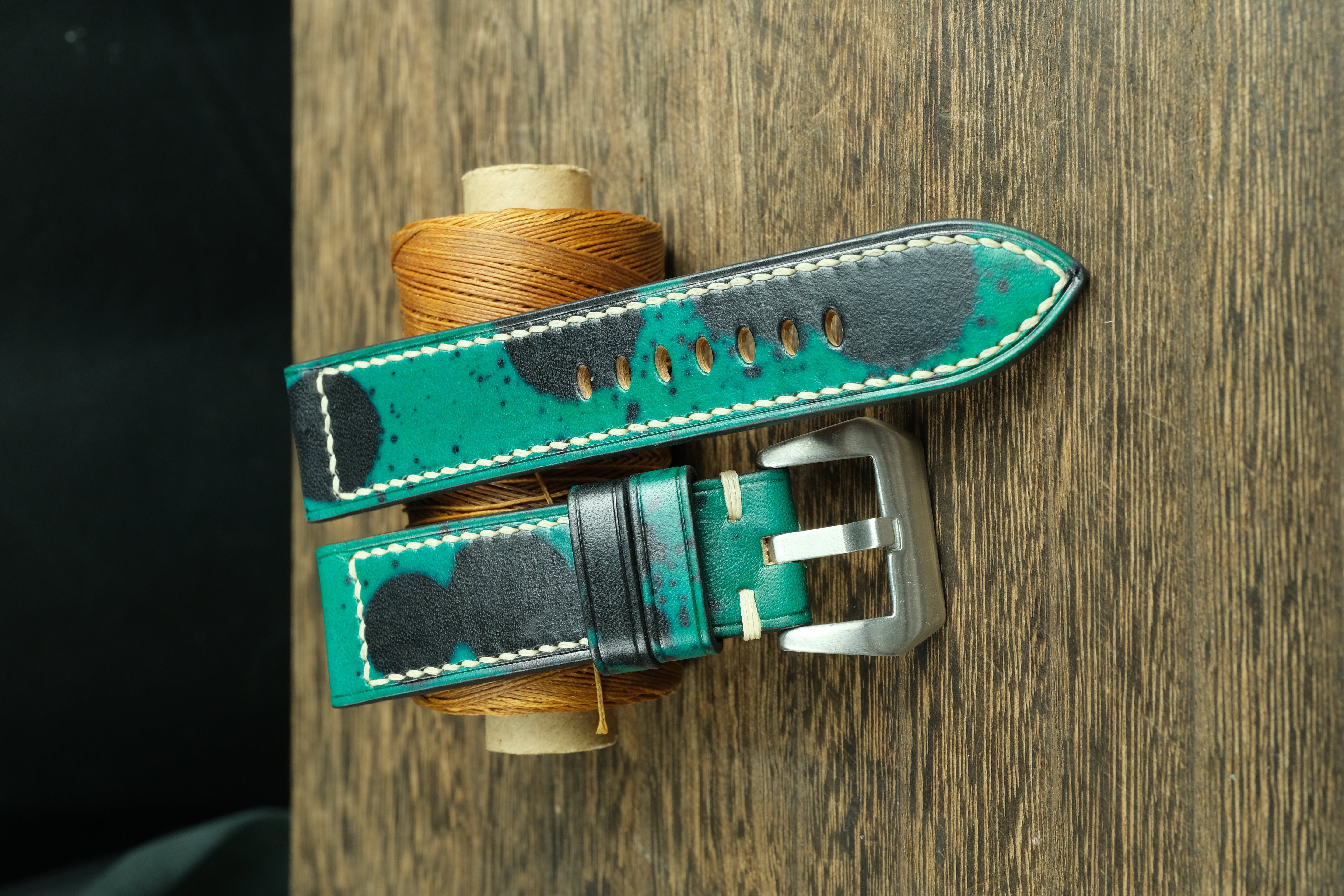 Handmade Vegtan Leather Panerai Watch Strap, Green/Black