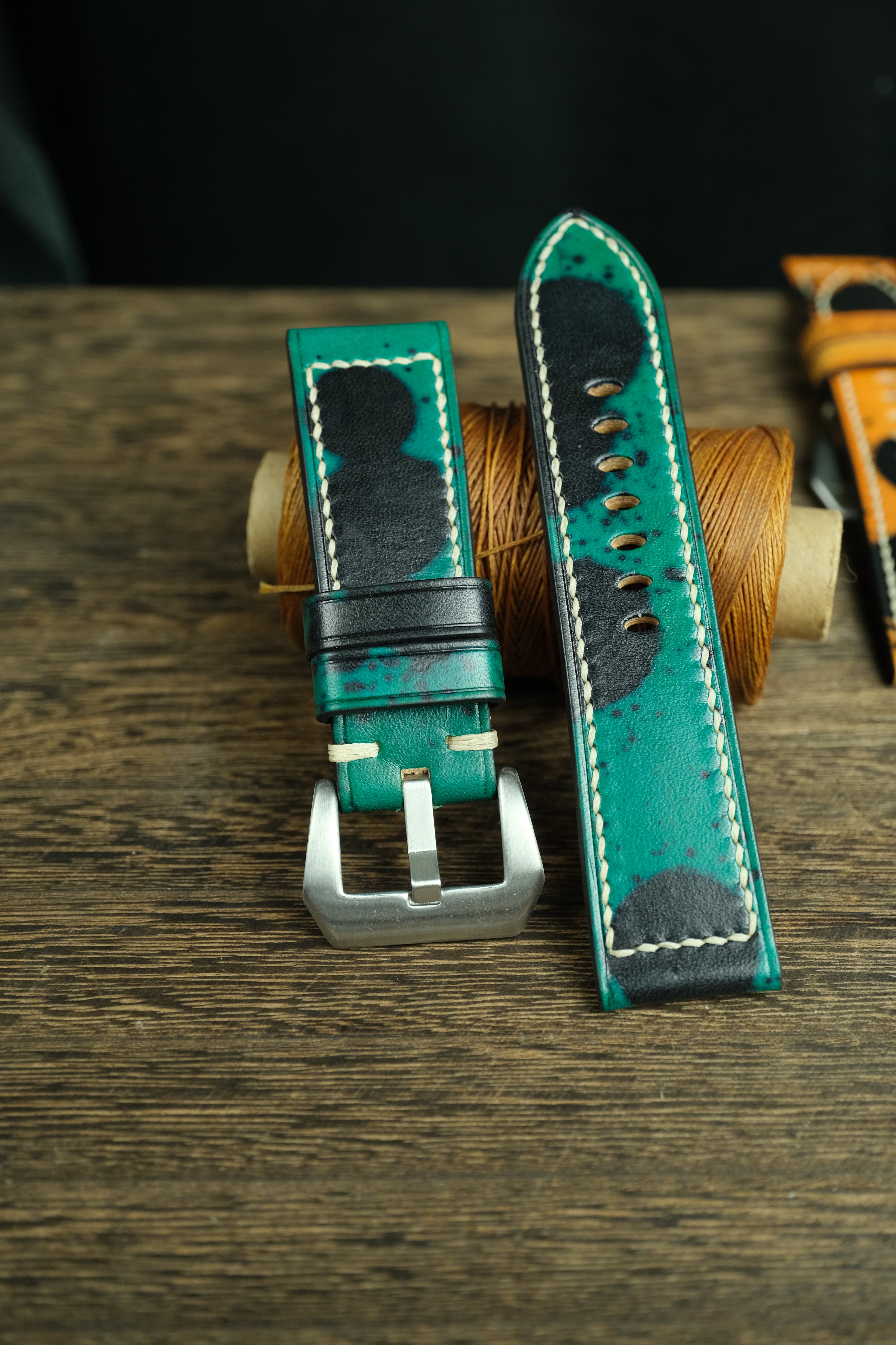 Panerai Watch Band Handmade, Vegtan Leather Green/Black Color