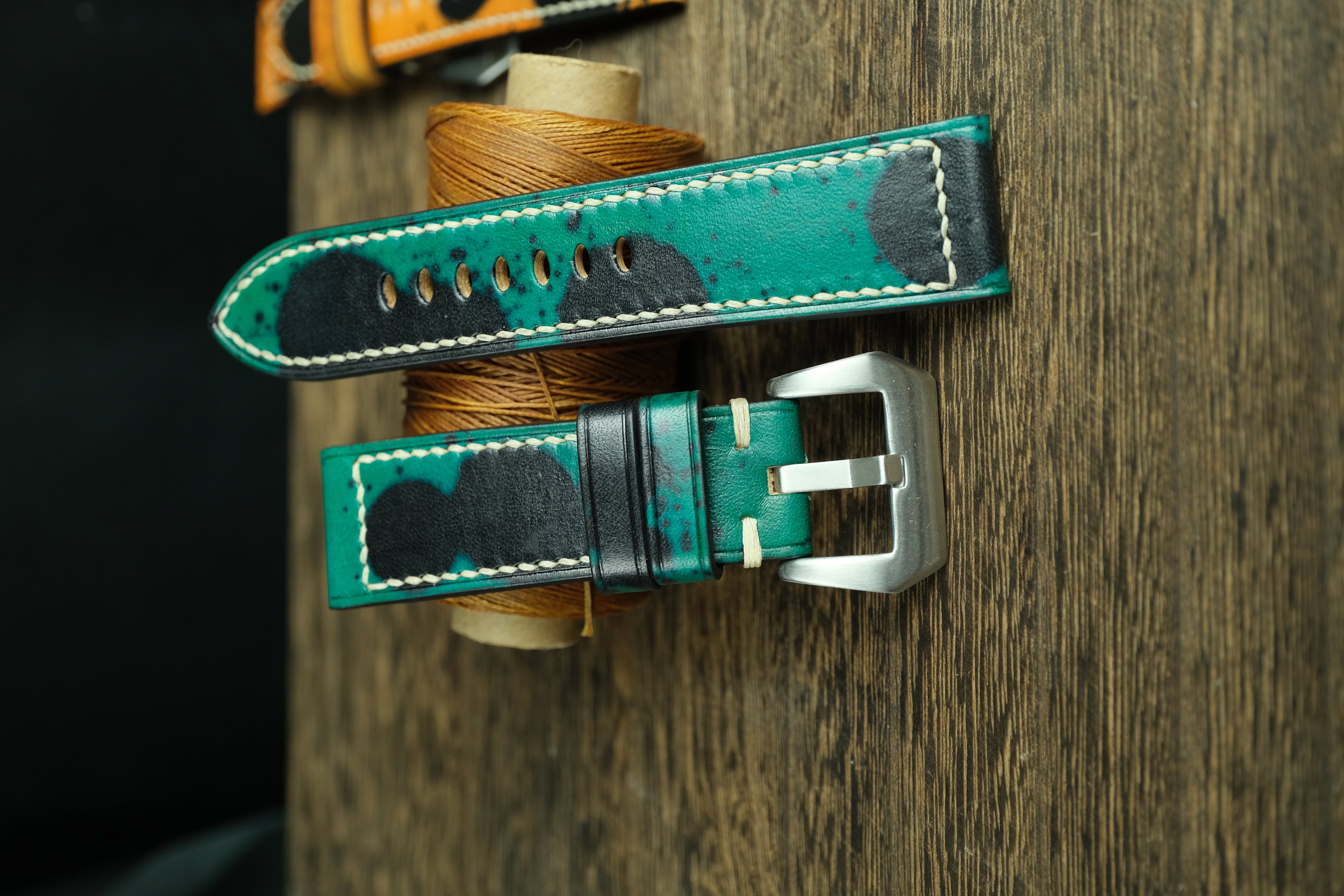 Handmade Vegtan Leather Panerai Watch Strap, Green/Black