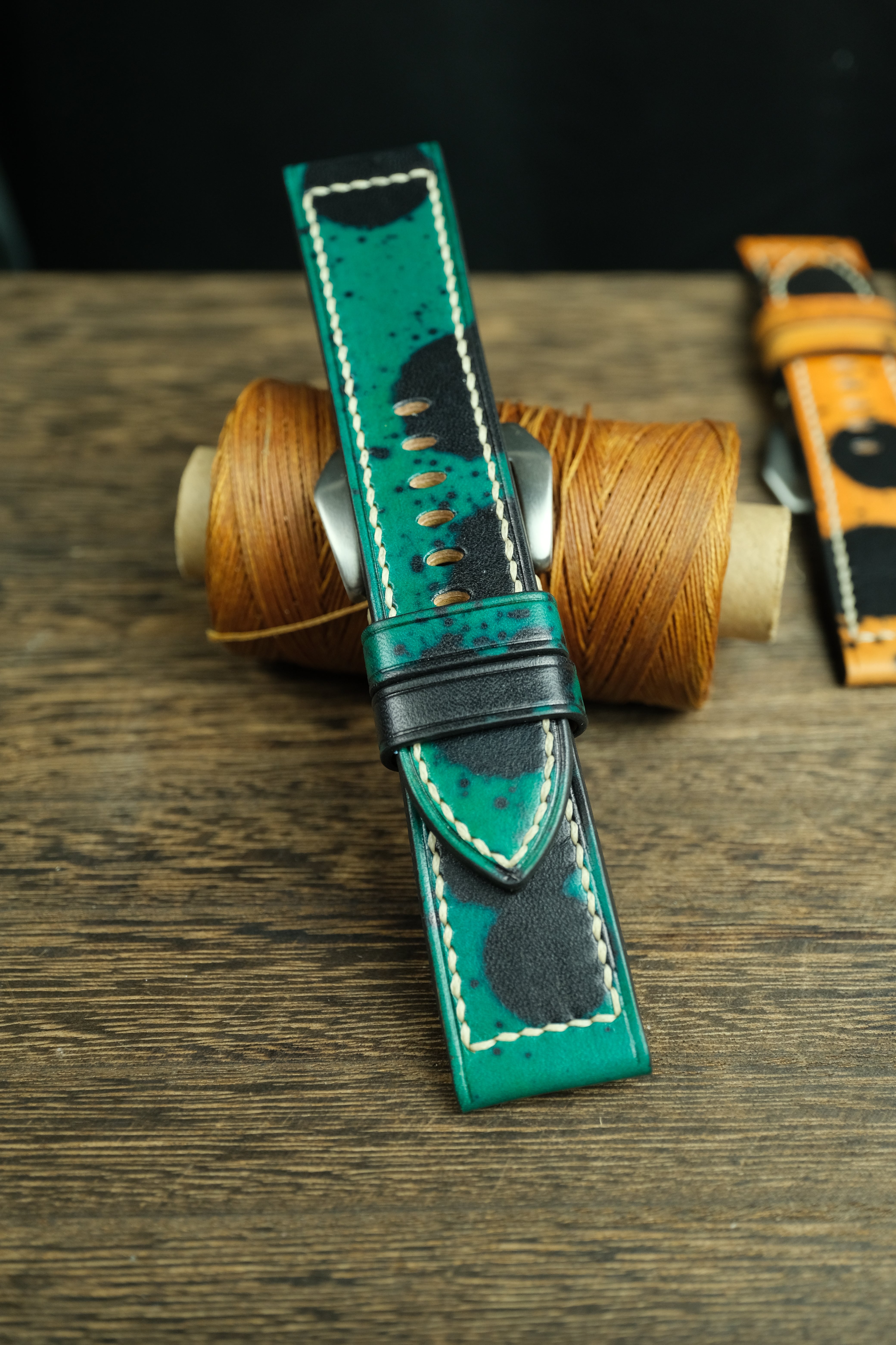 Panerai Watch Band Handmade, Vegtan Leather Green/Black Color