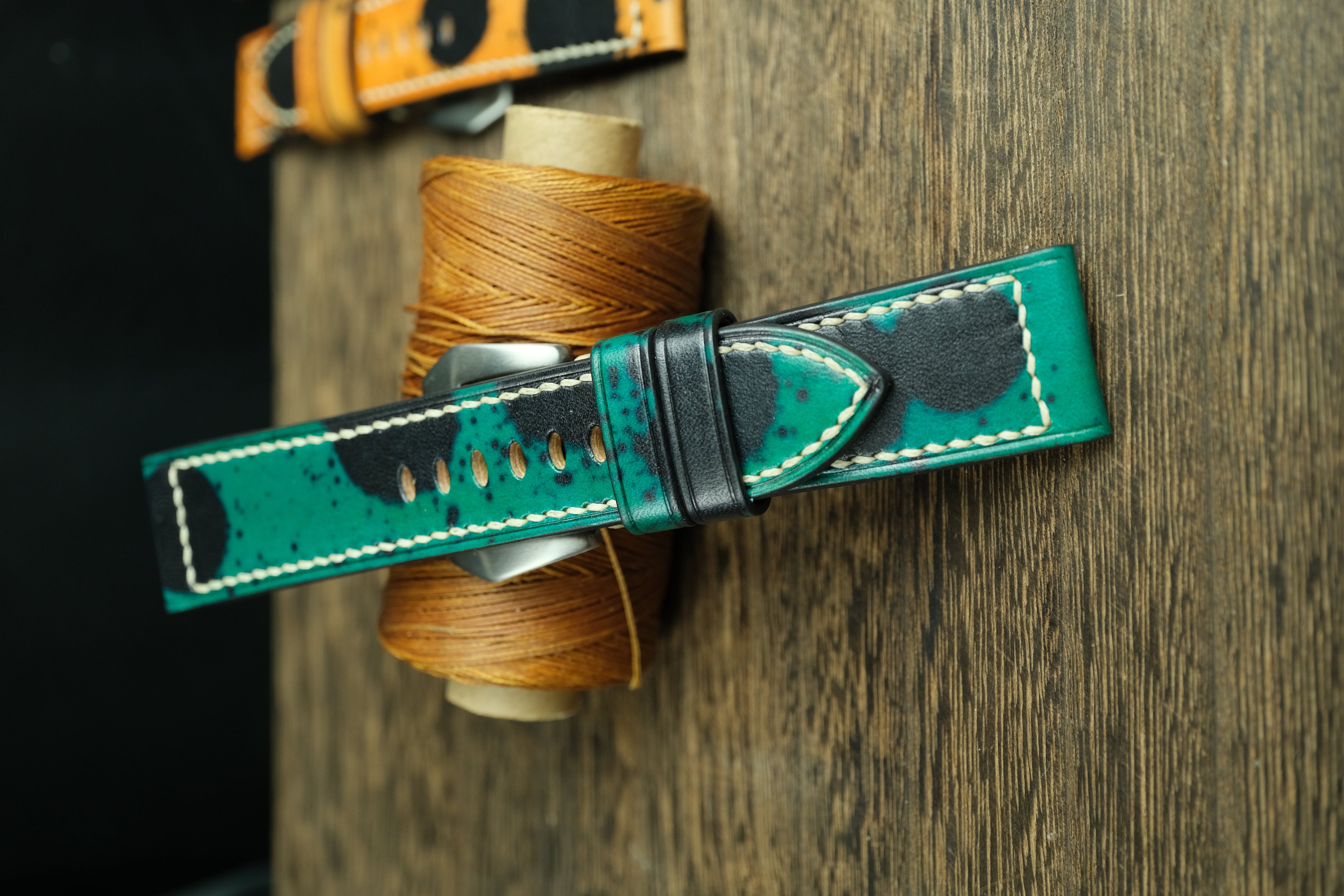 Handmade Vegtan Leather Panerai Watch Strap, Green/Black