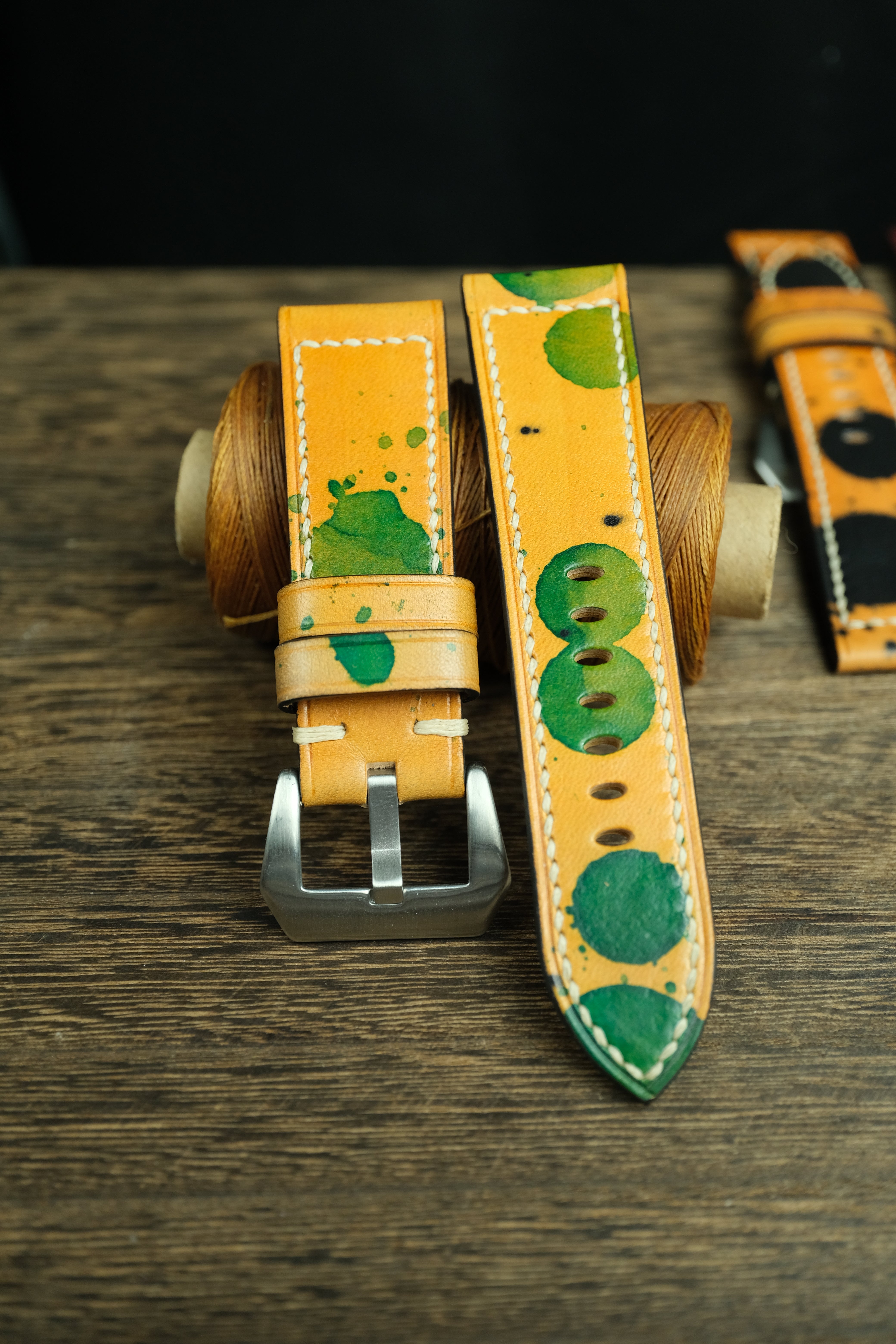 Panerai Watch Band Handmade, Vegtan Leather Yellow/Green Color