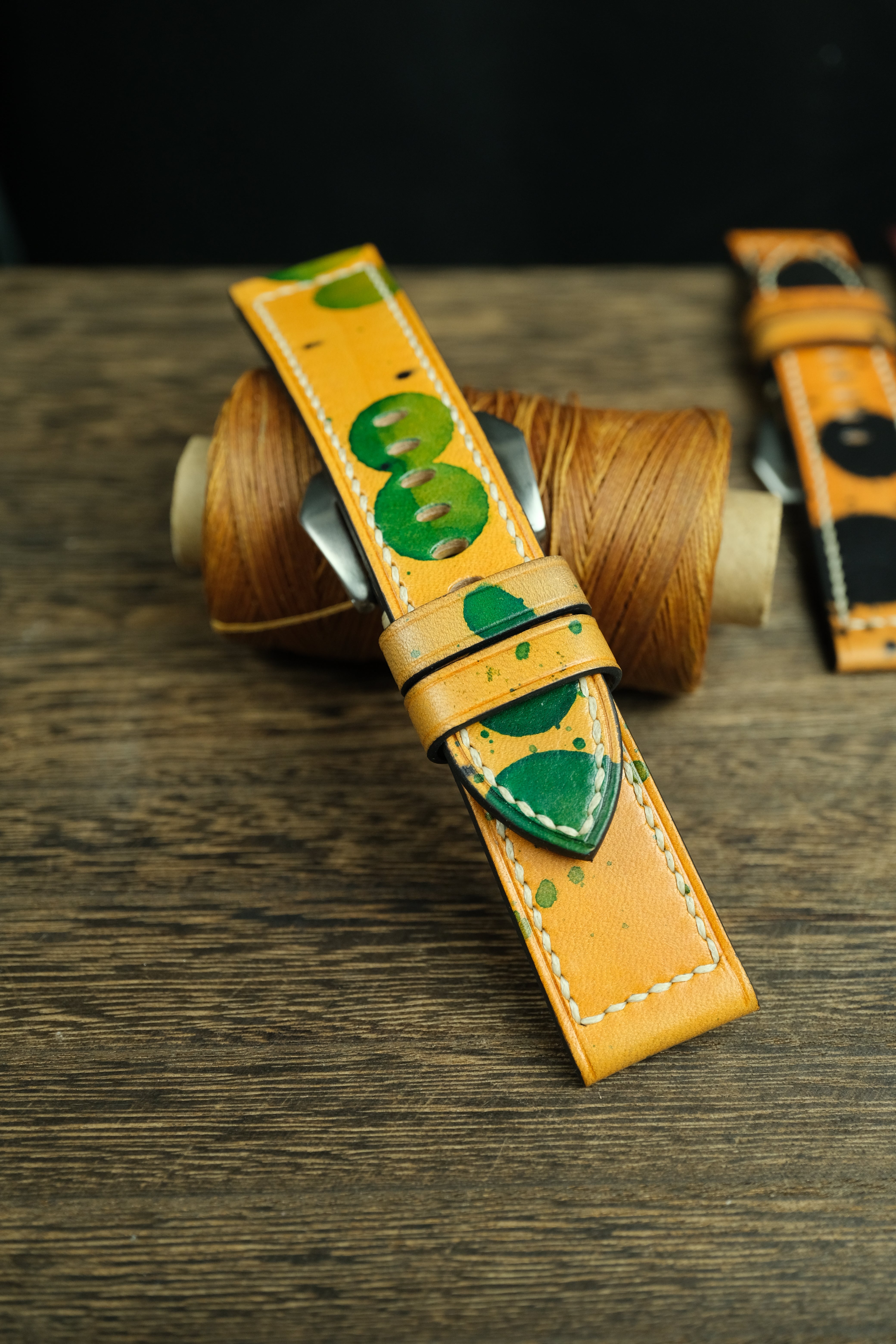 Panerai Watch Band Handmade, Vegtan Leather Yellow/Green Color