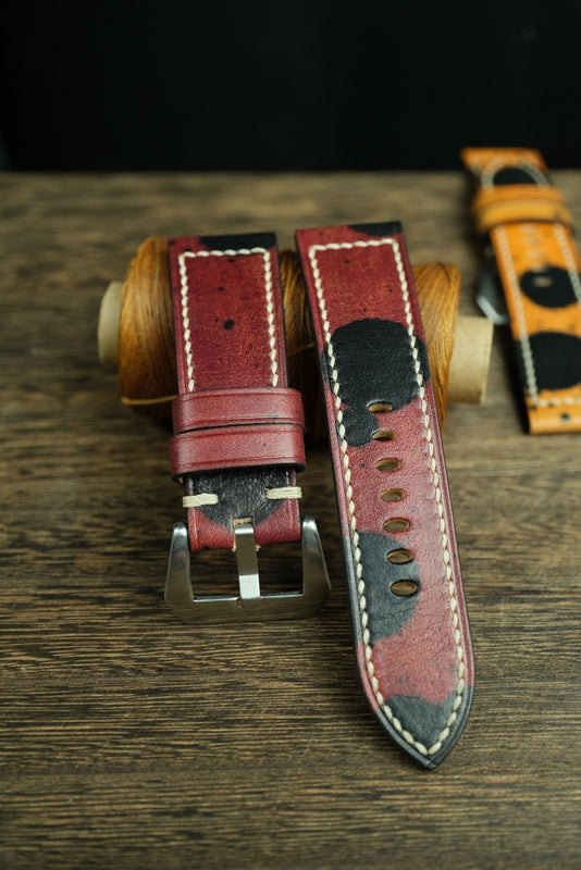 Panerai Watch Band Handmade, Vegtan Leather Burgundy/Black Color