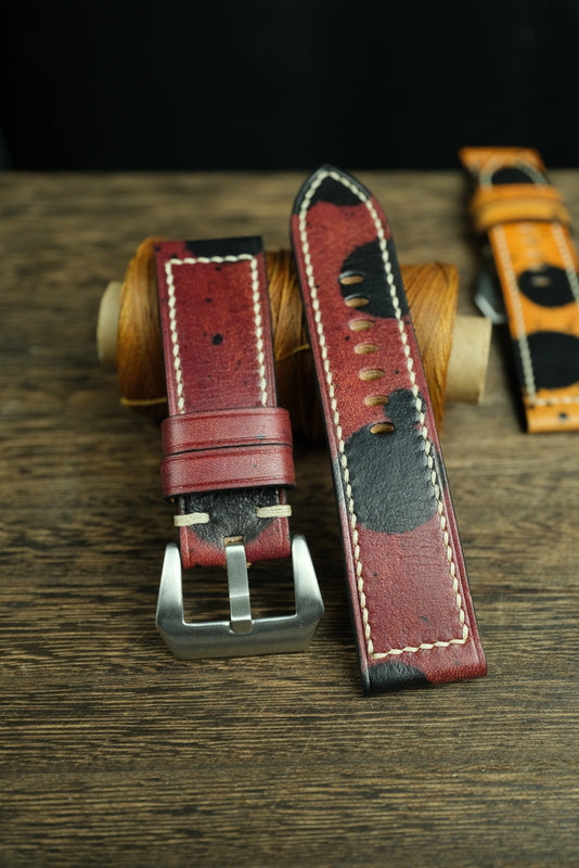Panerai Watch Band Handmade, Vegtan Leather Burgundy/Black Color