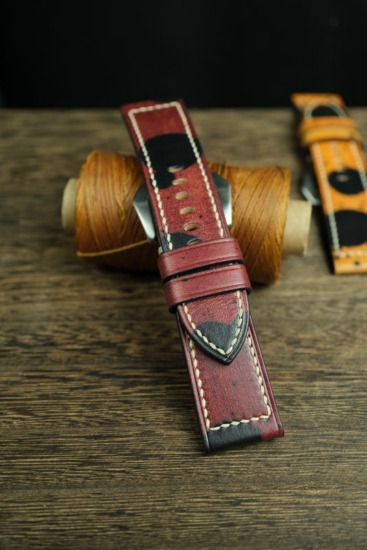Panerai Watch Band Handmade, Vegtan Leather Burgundy/Black Color