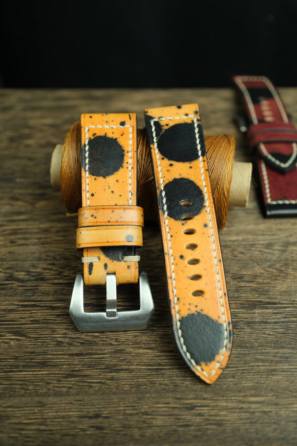 PANERAI WATCH BAND HANDMADE, VEGTAN LEATHER YELLOW/BLACK COLOR