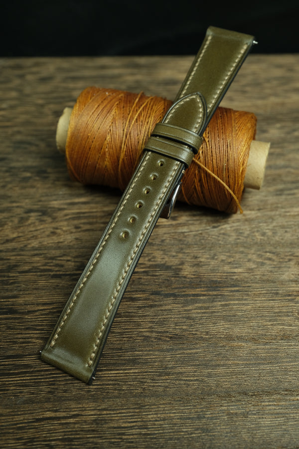 OLIVE SHELL CORDOVAN LEATHER WATCH STRAP, HANDMADE WATCH BAND, QUICK RELEASE SPRING BAR