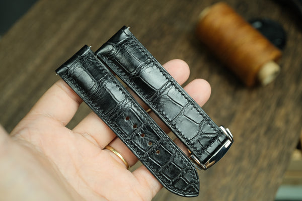 BLACK ALLIGATOR LEATHER WATCH STRAP, OMEGA WATCH BAND.