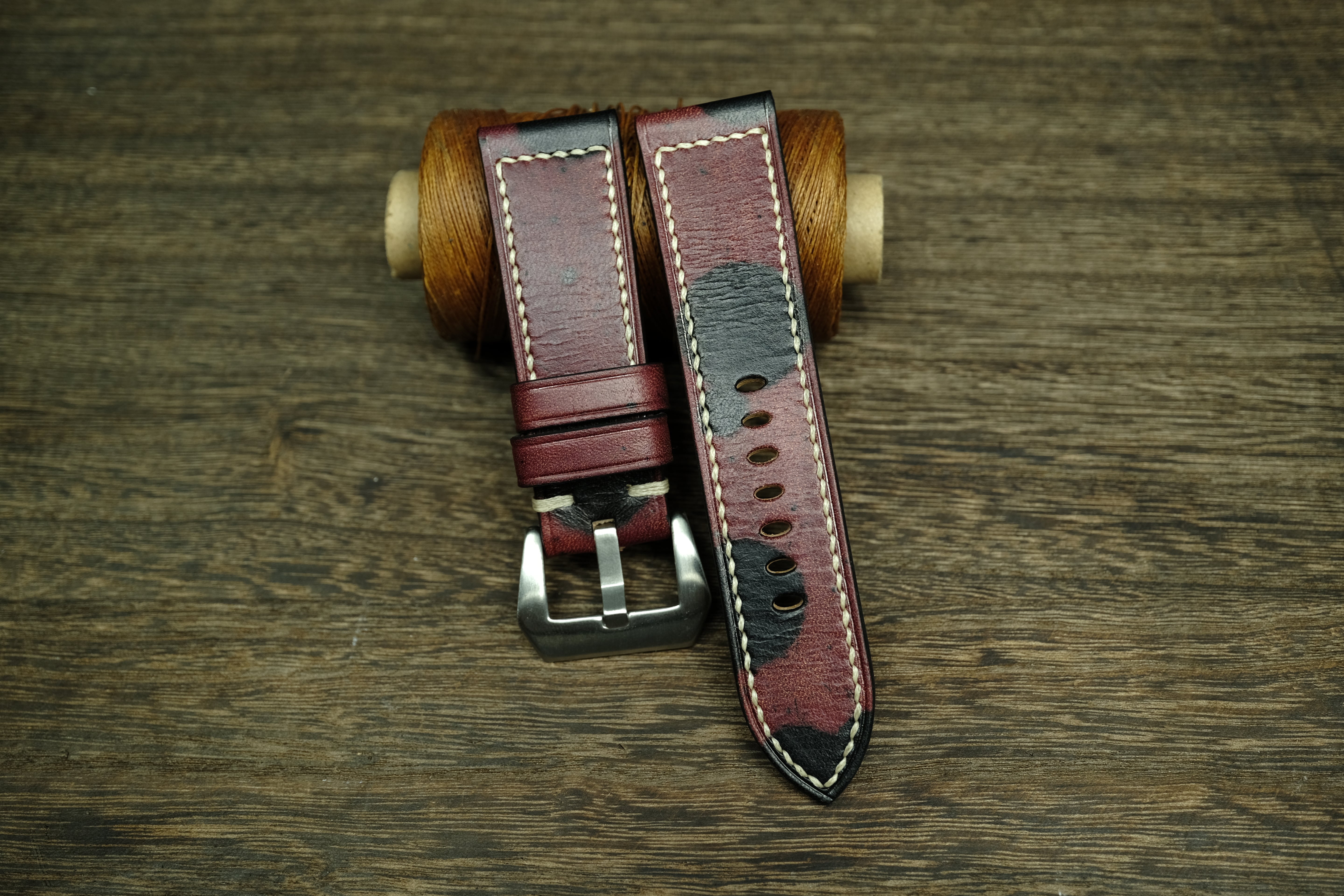 Panerai Watch Band Handmade, Vegtan Leather Burgundy/Black Color