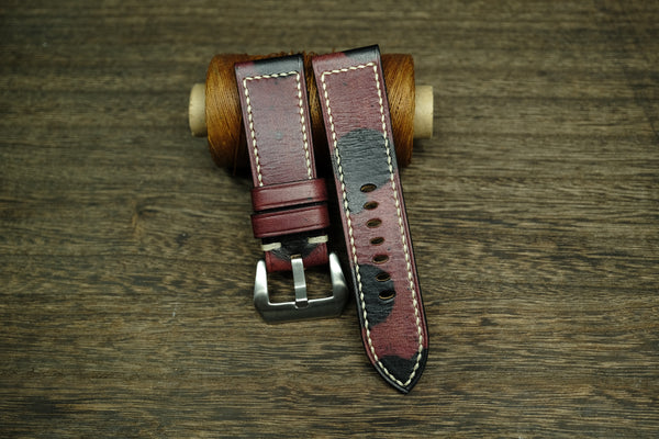 PANERAI WATCH BAND HANDMADE, VEGTAN LEATHER BURGUNDY/BLACK COLOR