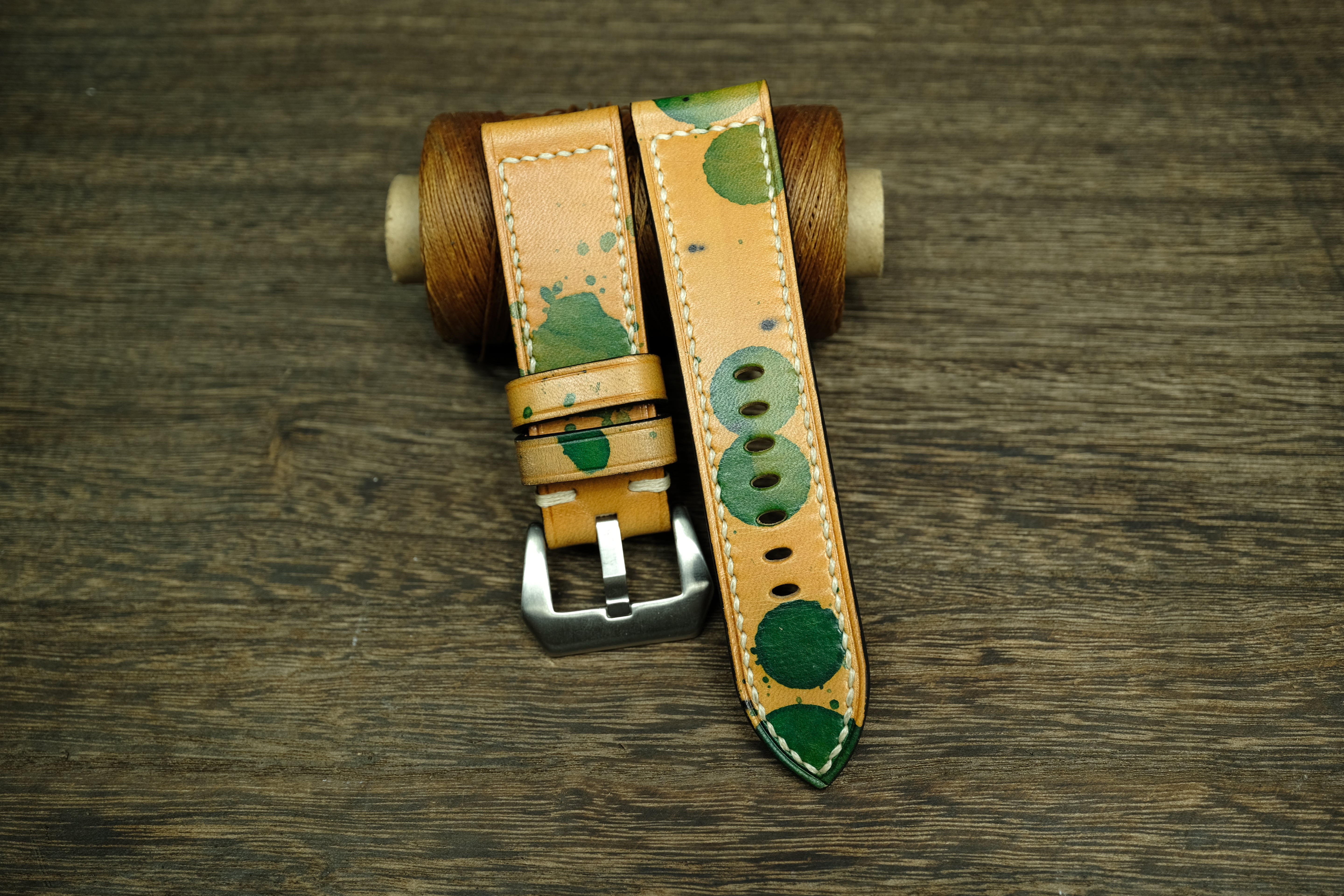 Panerai Watch Band Handmade, Vegtan Leather Yellow/Green Color