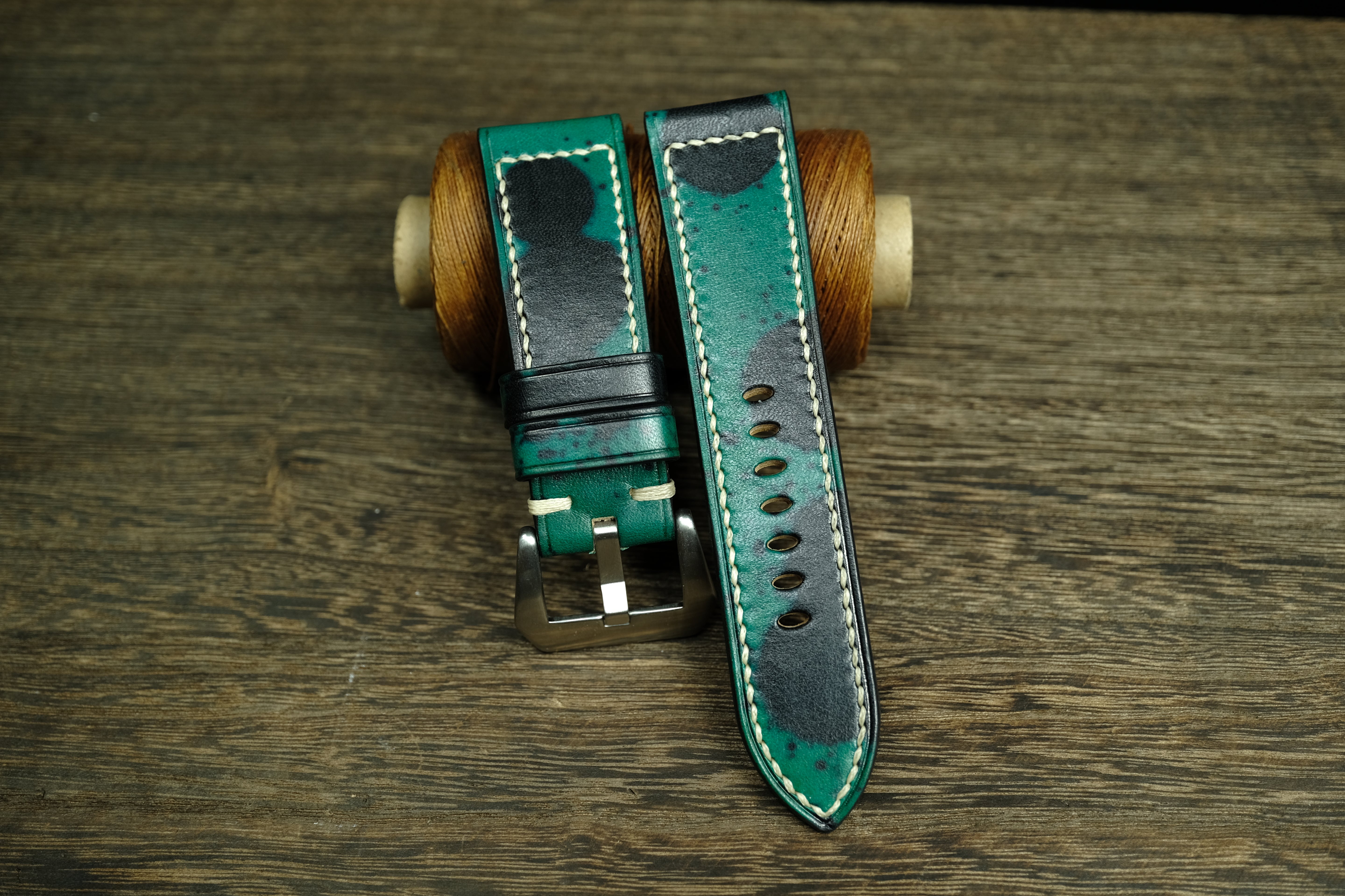 Panerai Watch Band Handmade, Vegtan Leather Green/Black Color