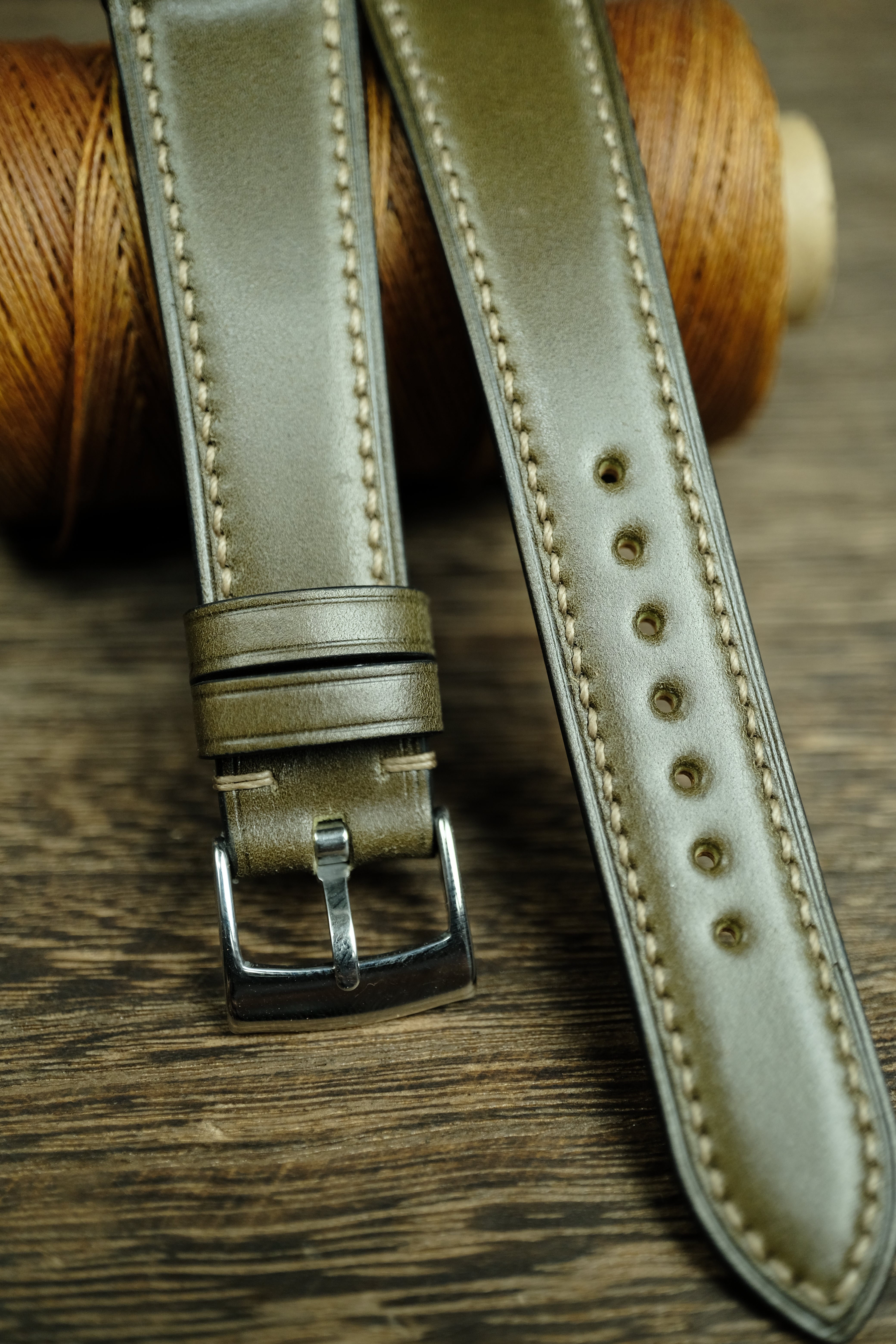 OLIVE SHELL CORDOVAN LEATHER WATCH STRAP, HANDMADE WATCH BAND, QUICK RELEASE SPRING BAR