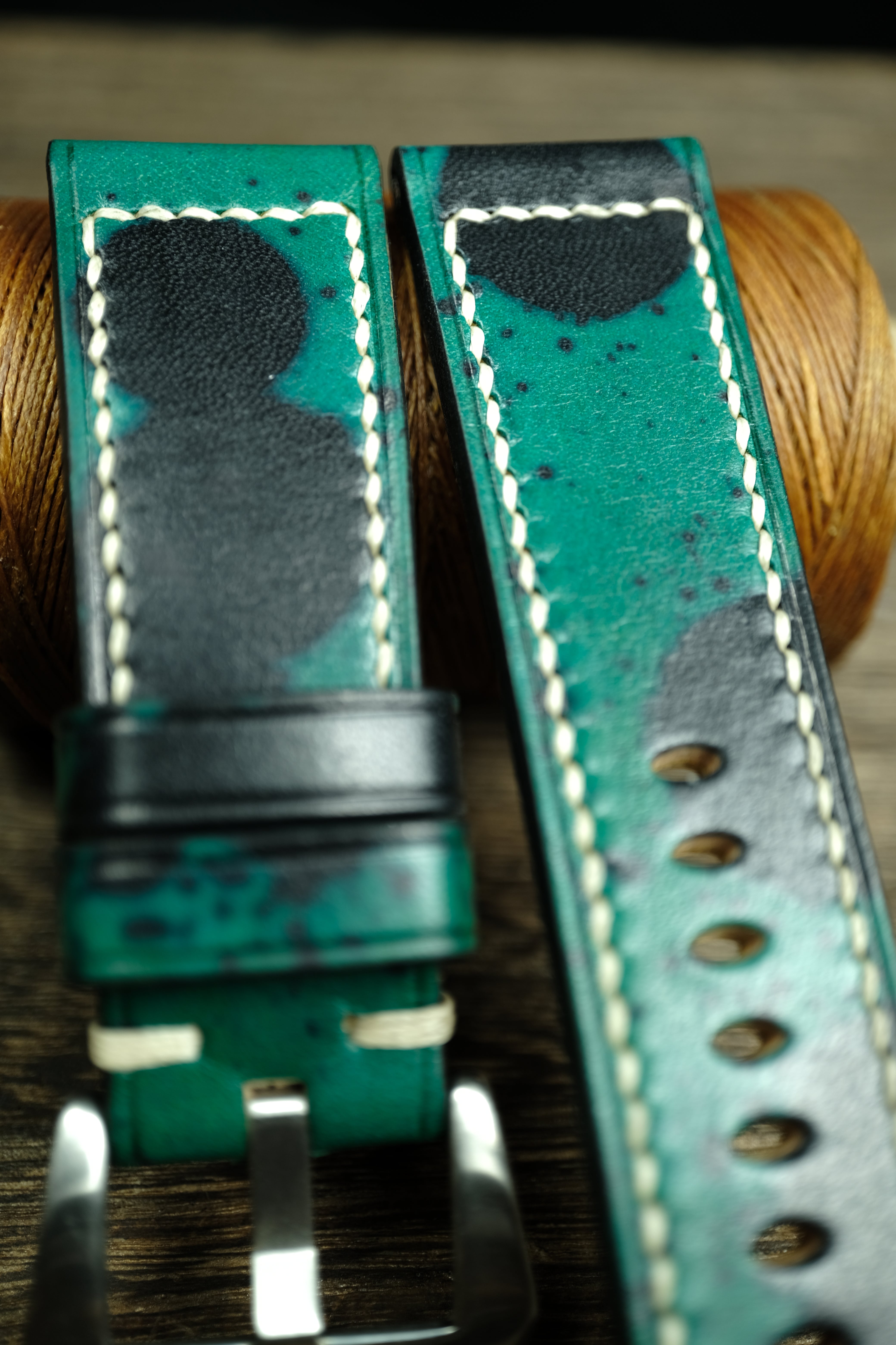 Panerai Watch Band Handmade, Vegtan Leather Green/Black Color