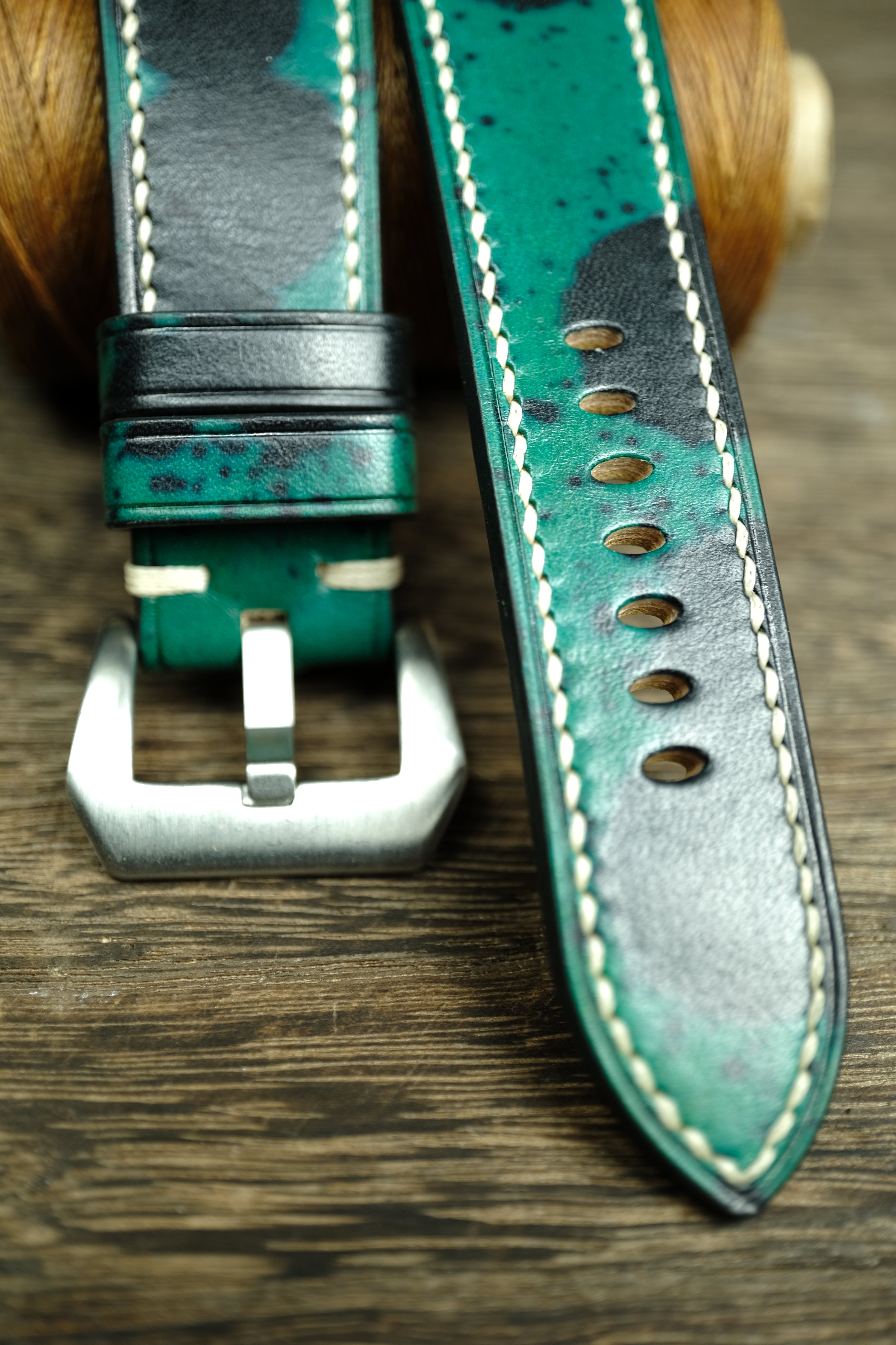 Panerai Watch Band Handmade, Vegtan Leather Green/Black Color