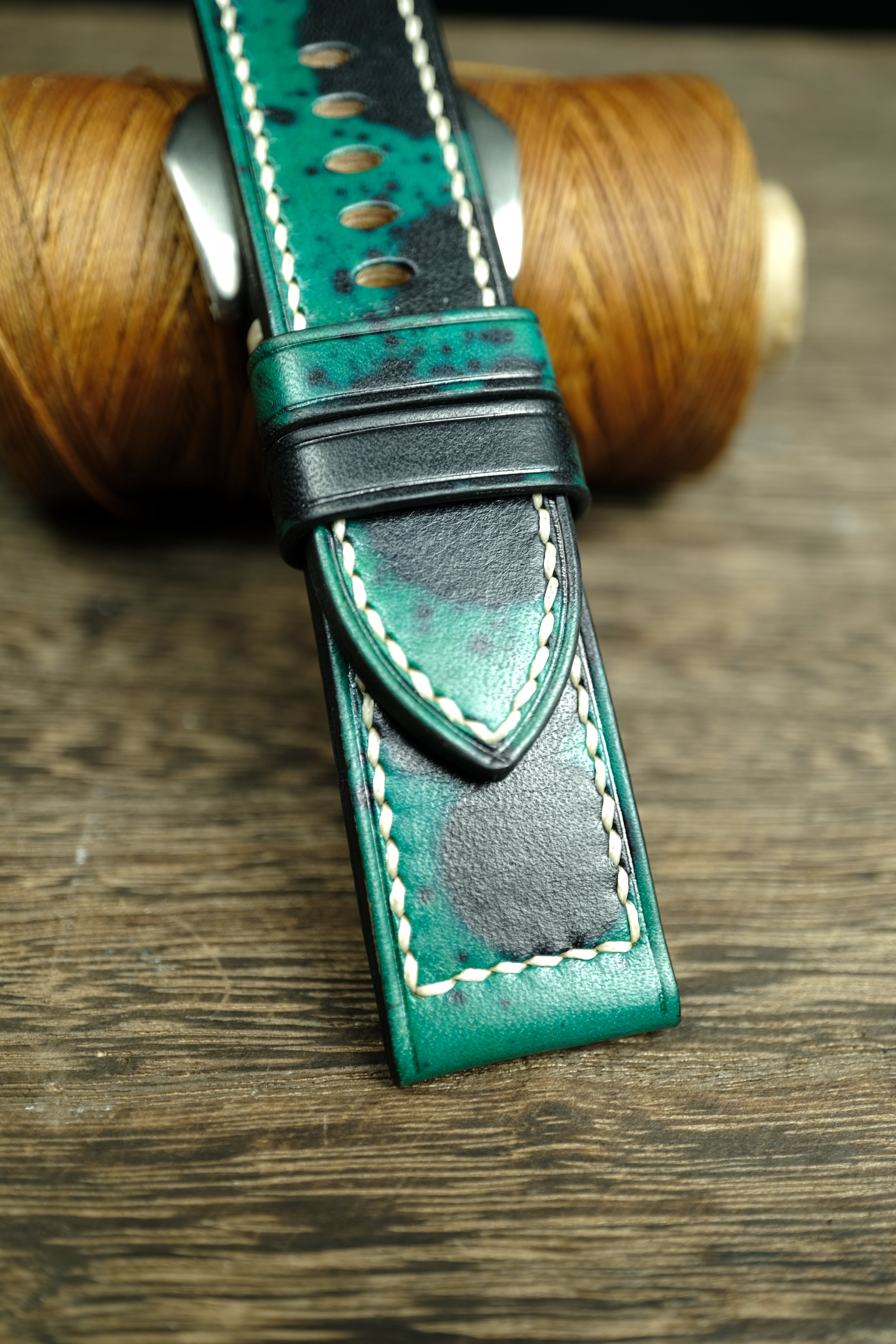 Panerai Watch Band Handmade, Vegtan Leather Green/Black Color