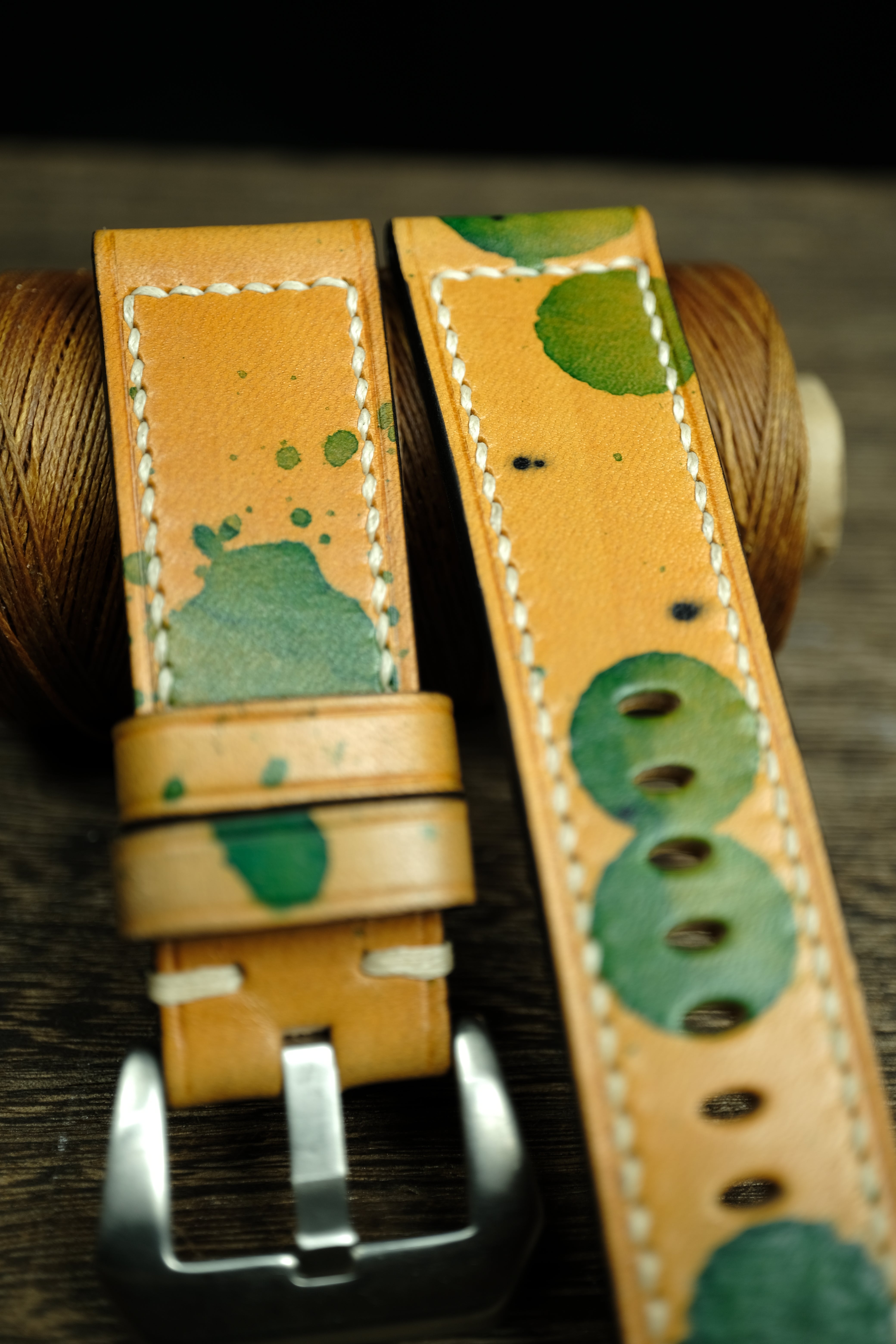 Panerai Watch Band Handmade, Vegtan Leather Yellow/Green Color
