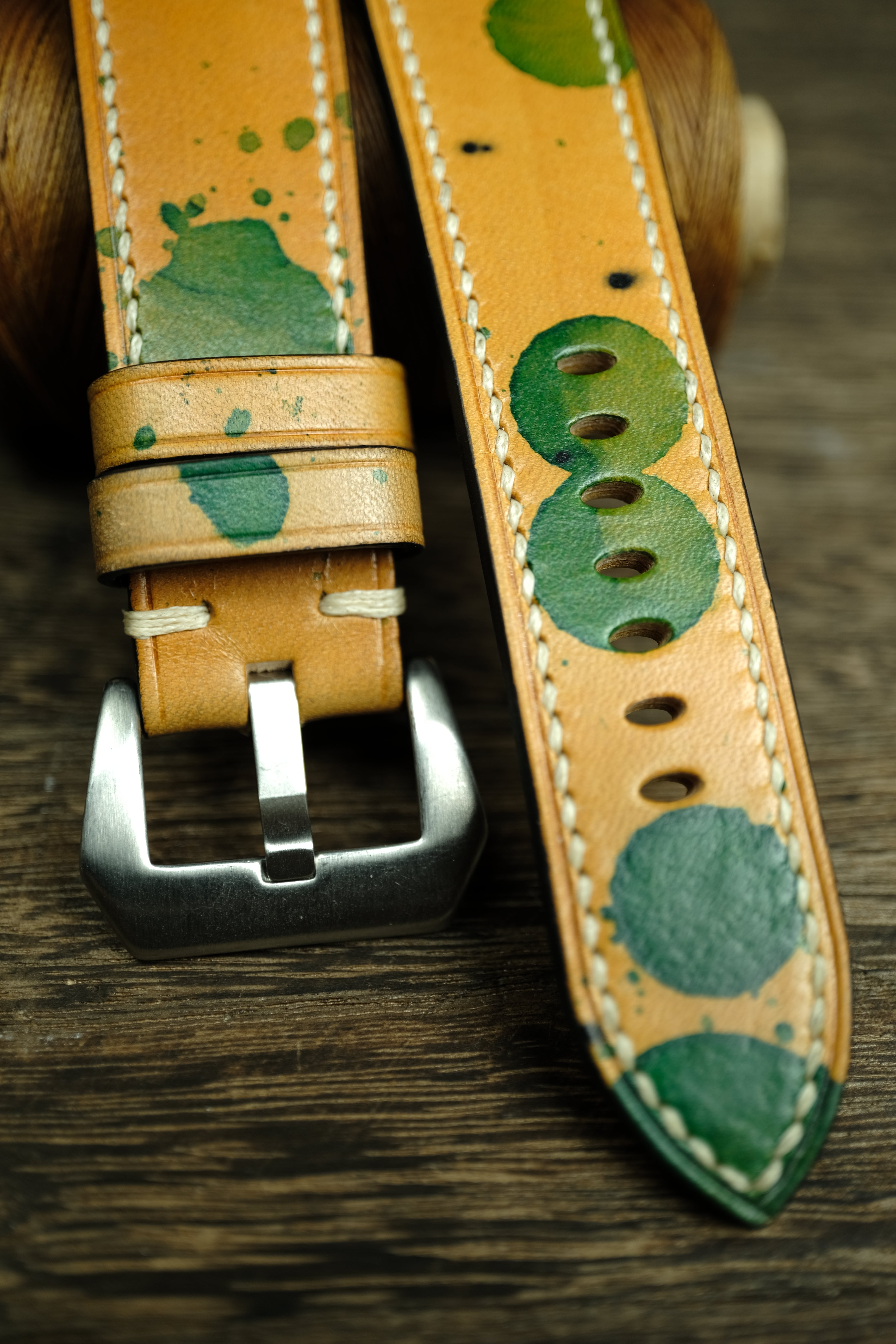 Panerai Watch Band Handmade, Vegtan Leather Yellow/Green Color