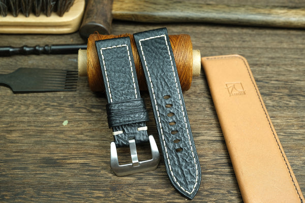 PANERAI WATCH BAND HANDMADE, SHARK LEATHER MATTE BLACK COLOR.