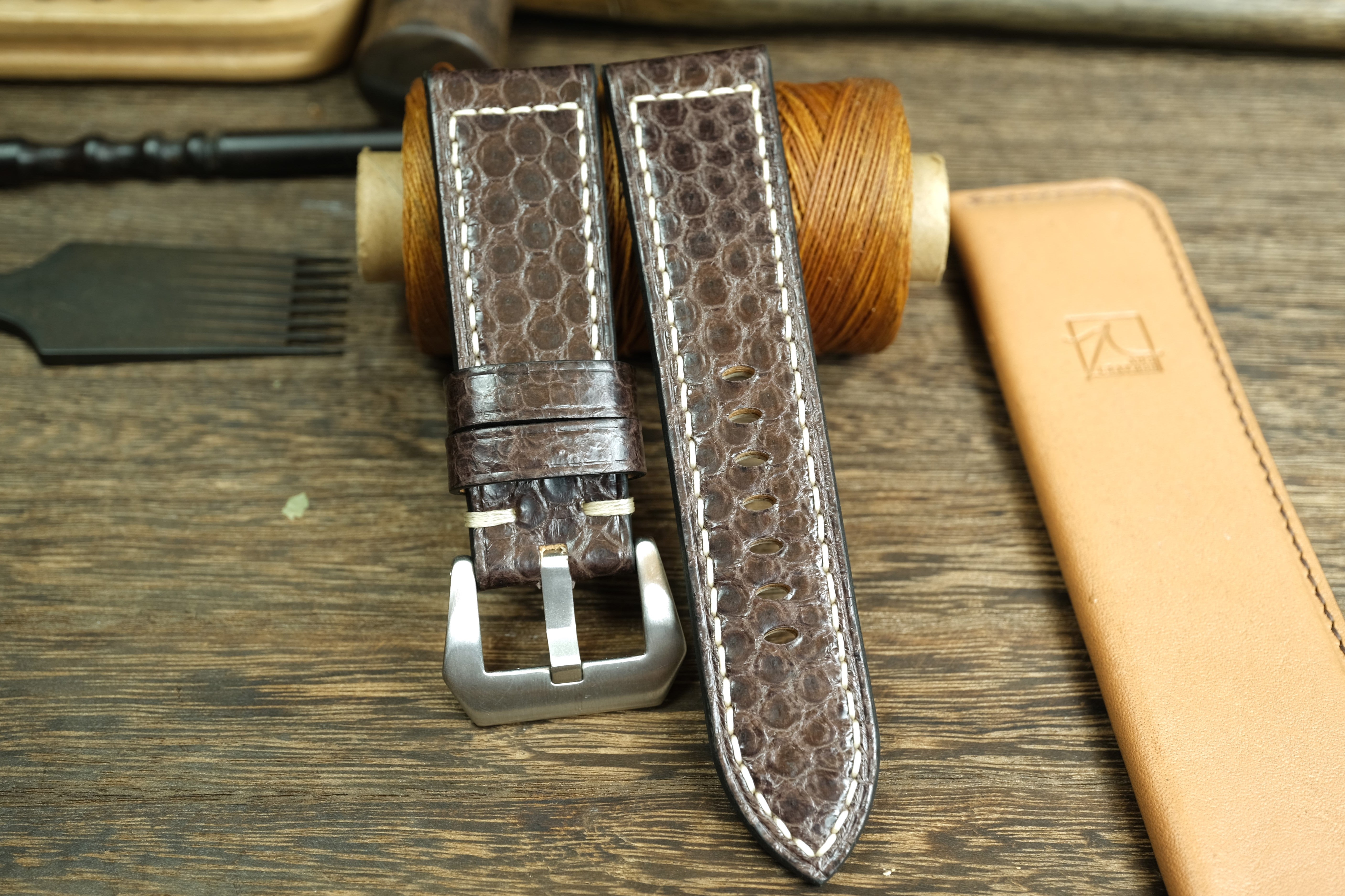 PANERAI WATCH BAND HANDMADE, SNAKE LEATHER DARK BROWN COLOR.