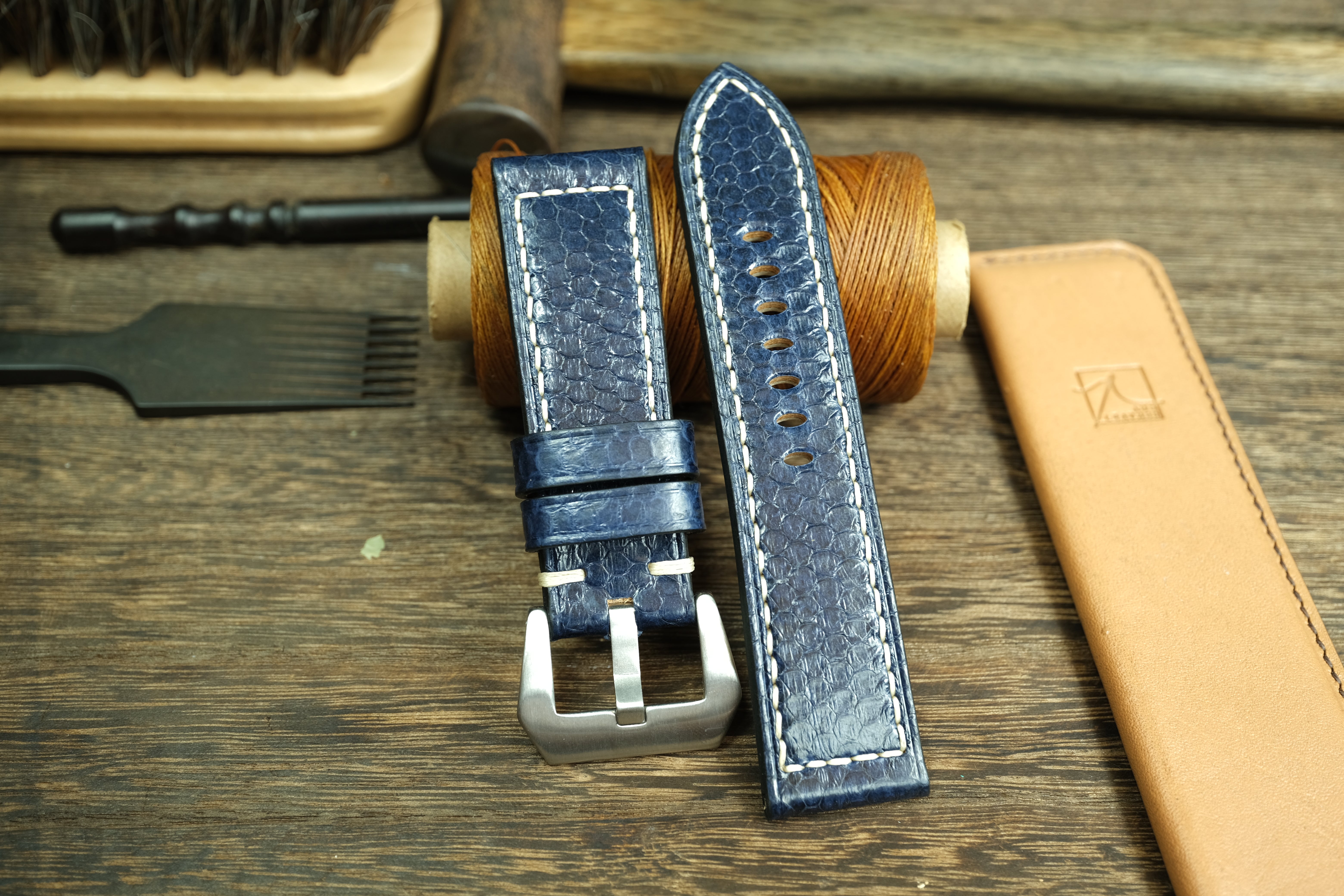 PANERAI WATCH BAND HANDMADE, SNAKE LEATHER BLUE COLOR.