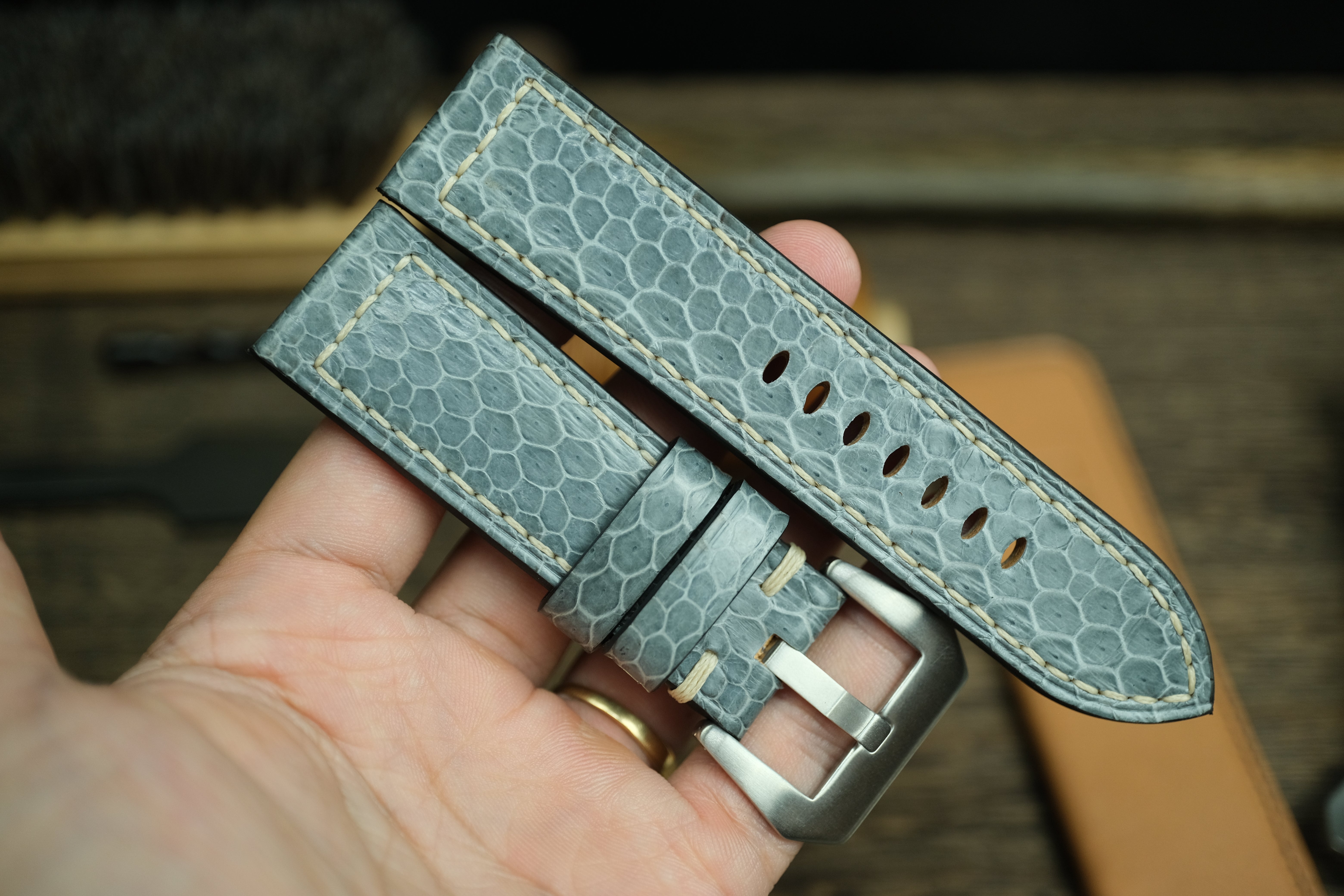 PANERAI WATCH BAND HANDMADE, SNAKE LEATHER LIGHT GREY COLOR.