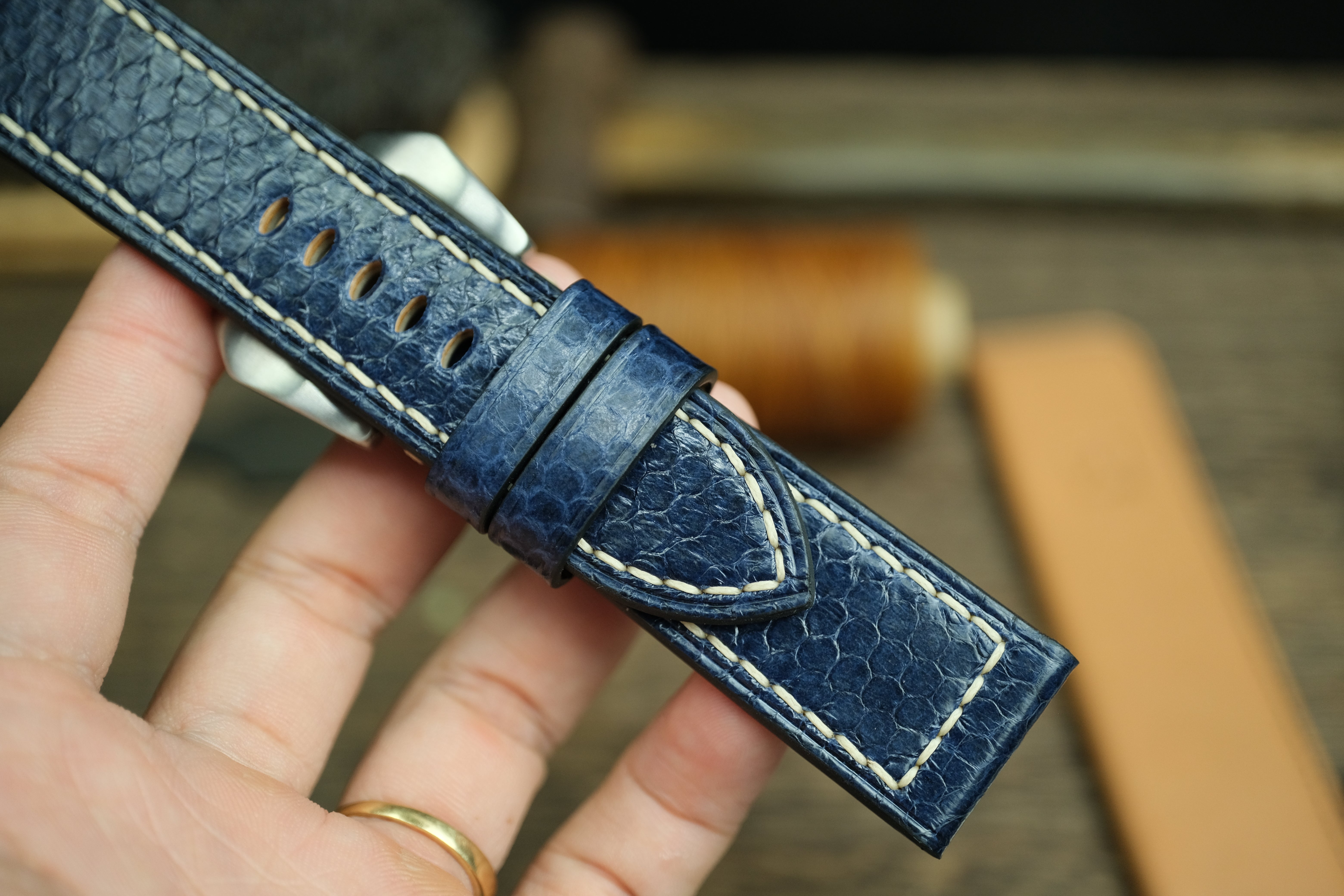 PANERAI WATCH BAND HANDMADE, SNAKE LEATHER BLUE COLOR.