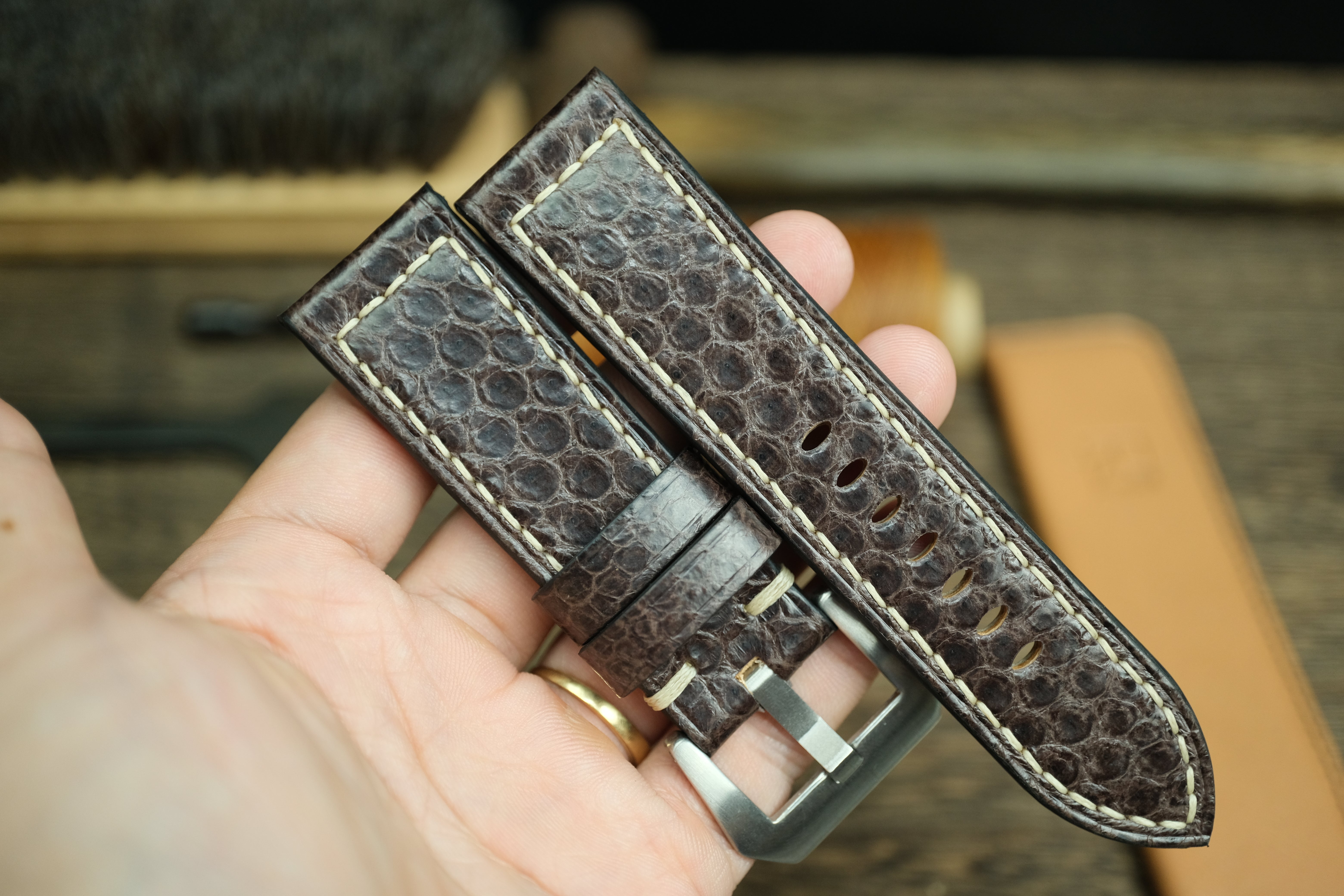 PANERAI WATCH BAND HANDMADE, SNAKE LEATHER DARK BROWN COLOR.