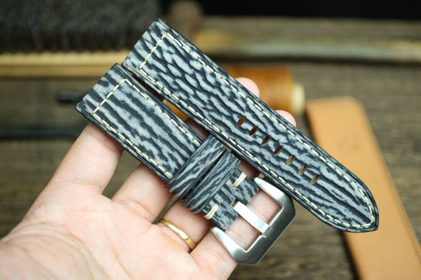 PANERAI WATCH BAND HANDMADE, SHARK LEATHER MATTE GREY/BLACK COLOR.