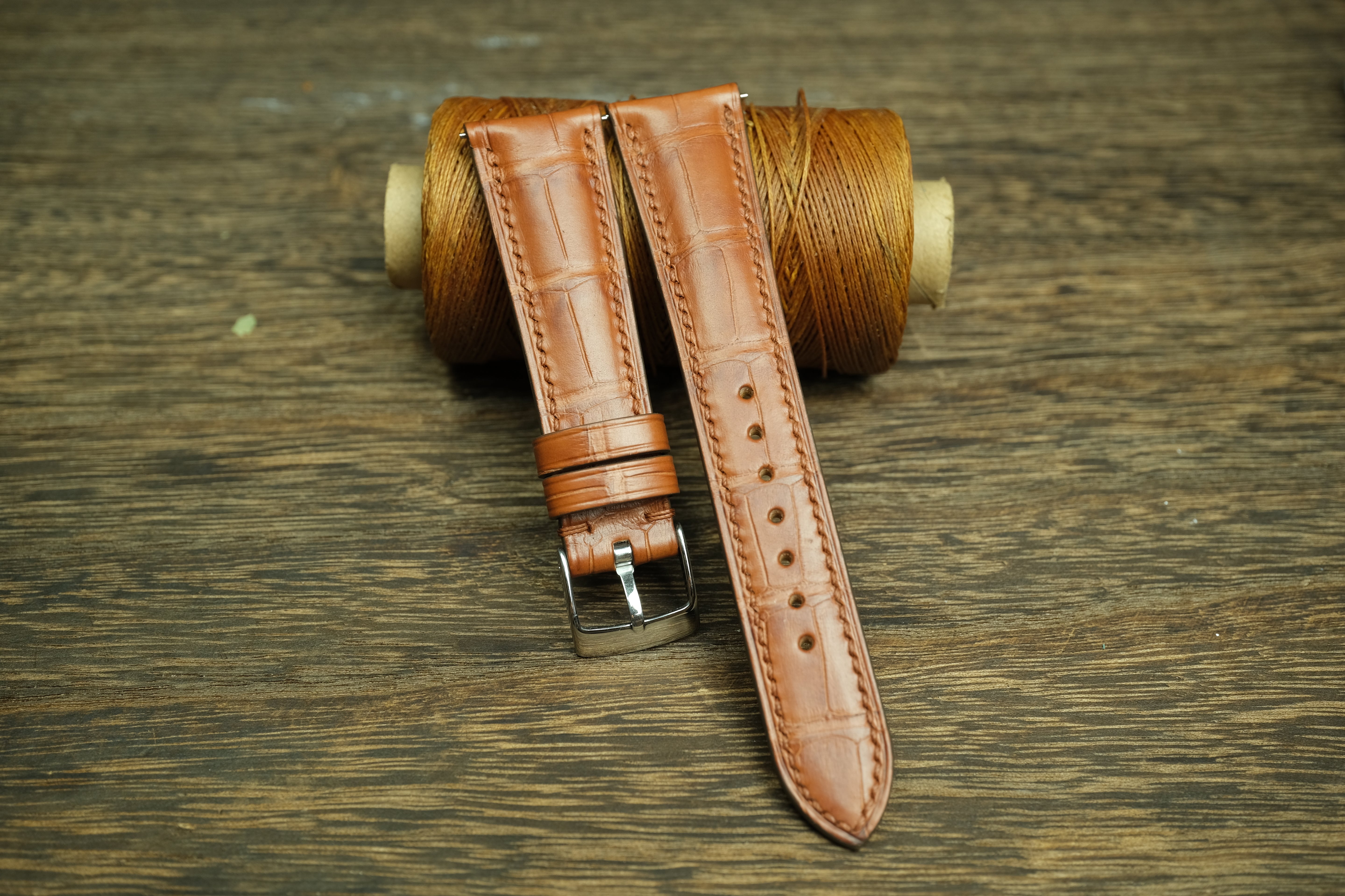 Genuine Cognac Brown Alligator Leather, Handmade Watch Strap