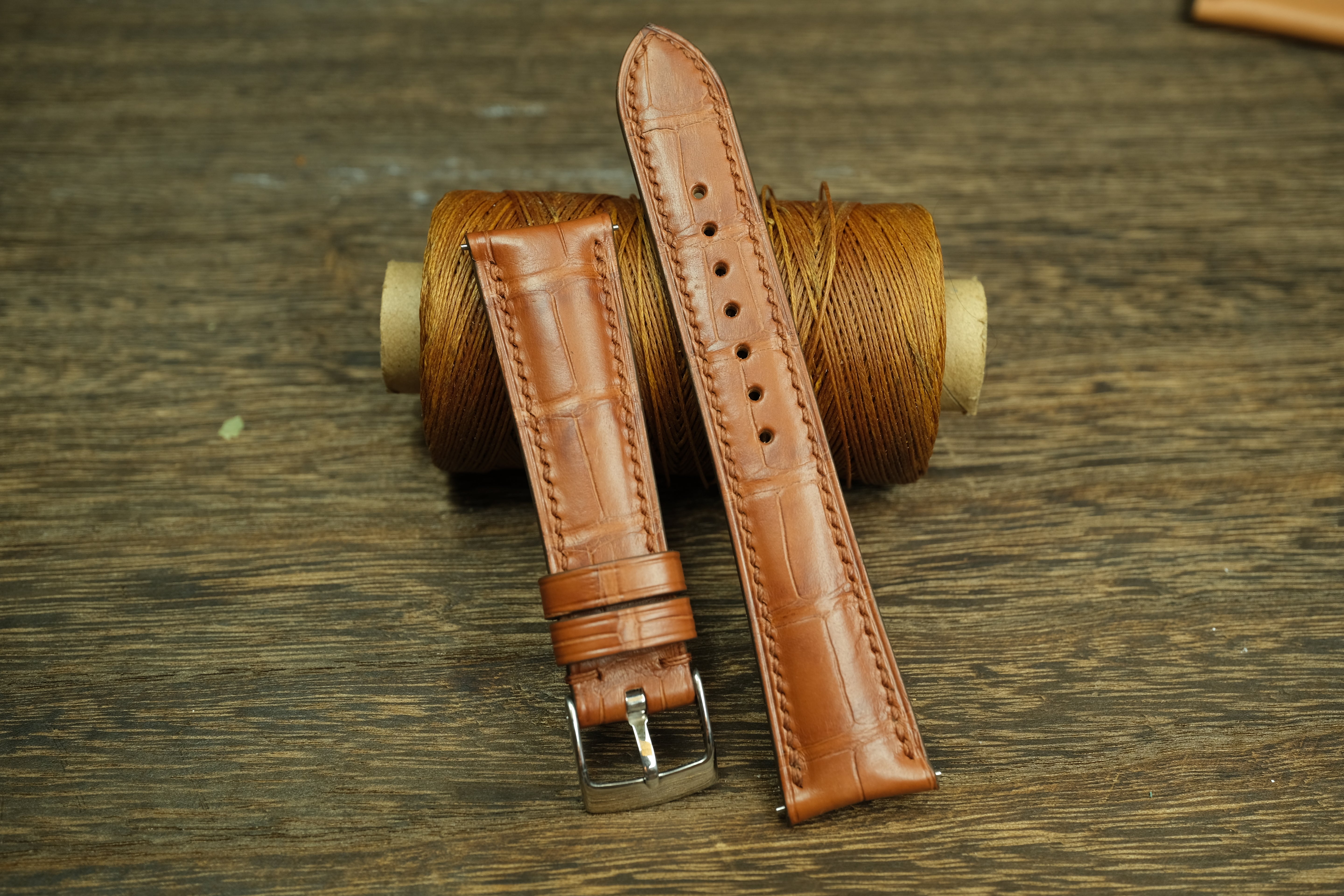 Genuine Cognac Brown Alligator Leather, Handmade Watch Strap