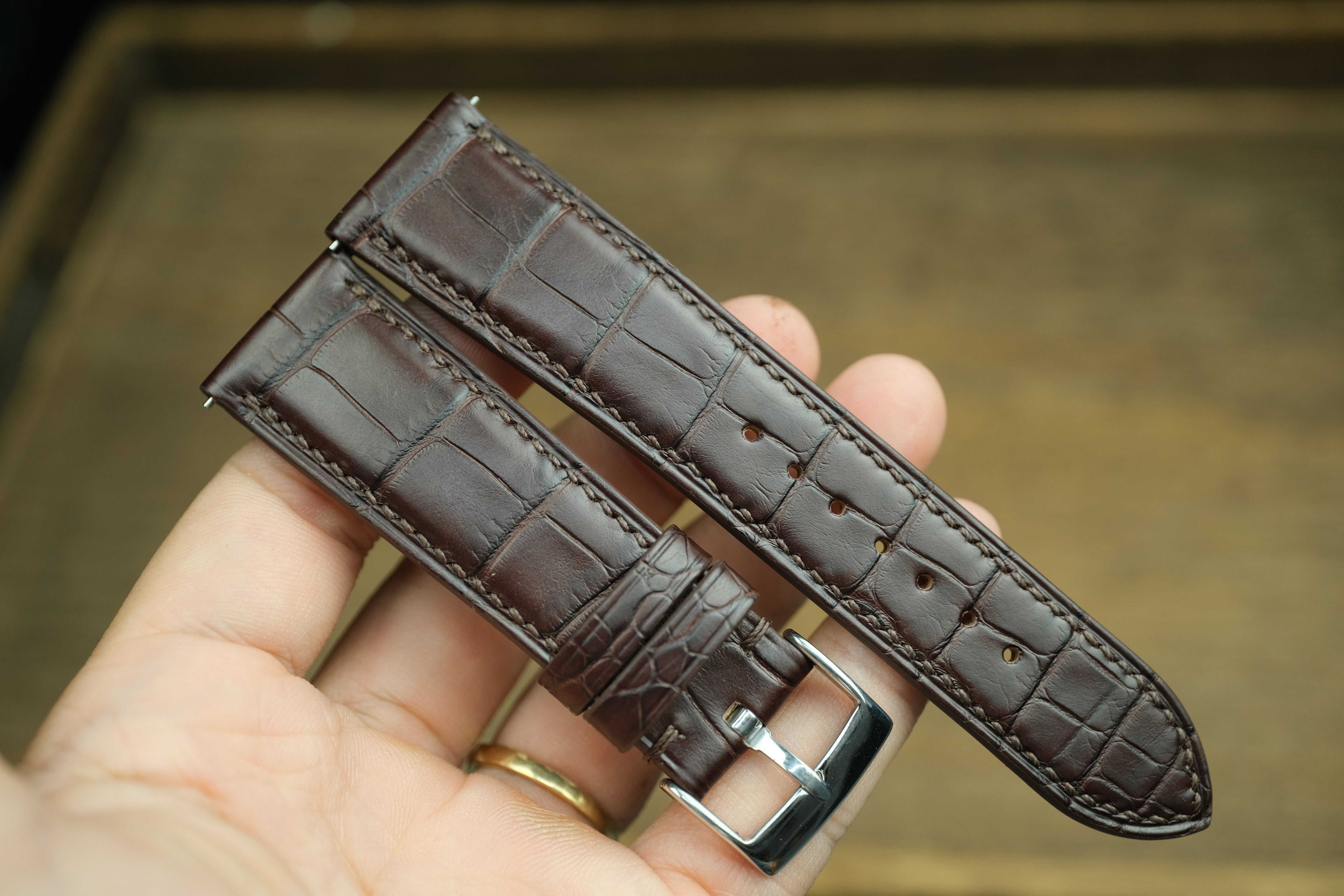 Genuine Darkbrown Alligator Leather, Handmade Watch Strap