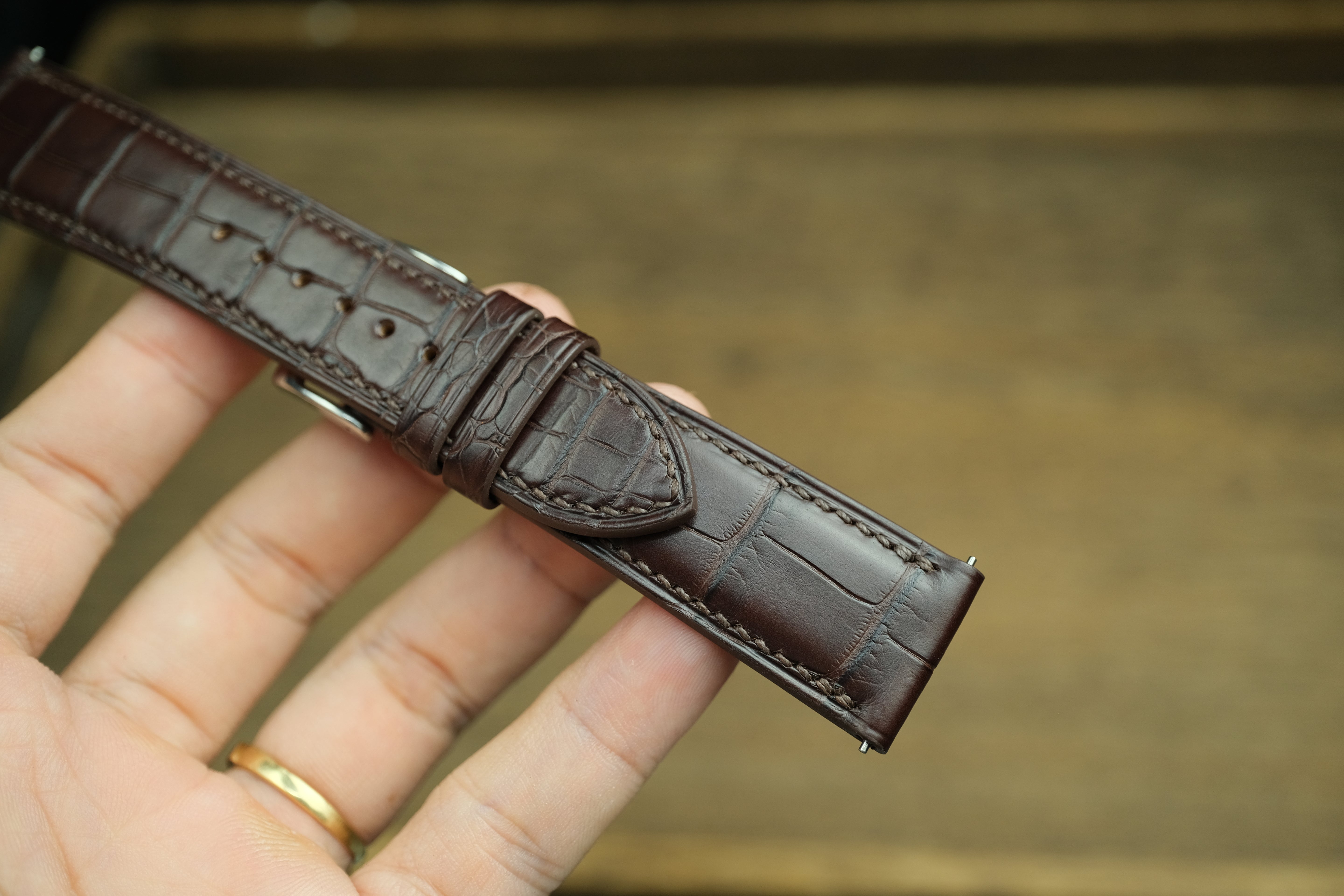 Genuine Darkbrown Alligator Leather, Handmade Watch Strap
