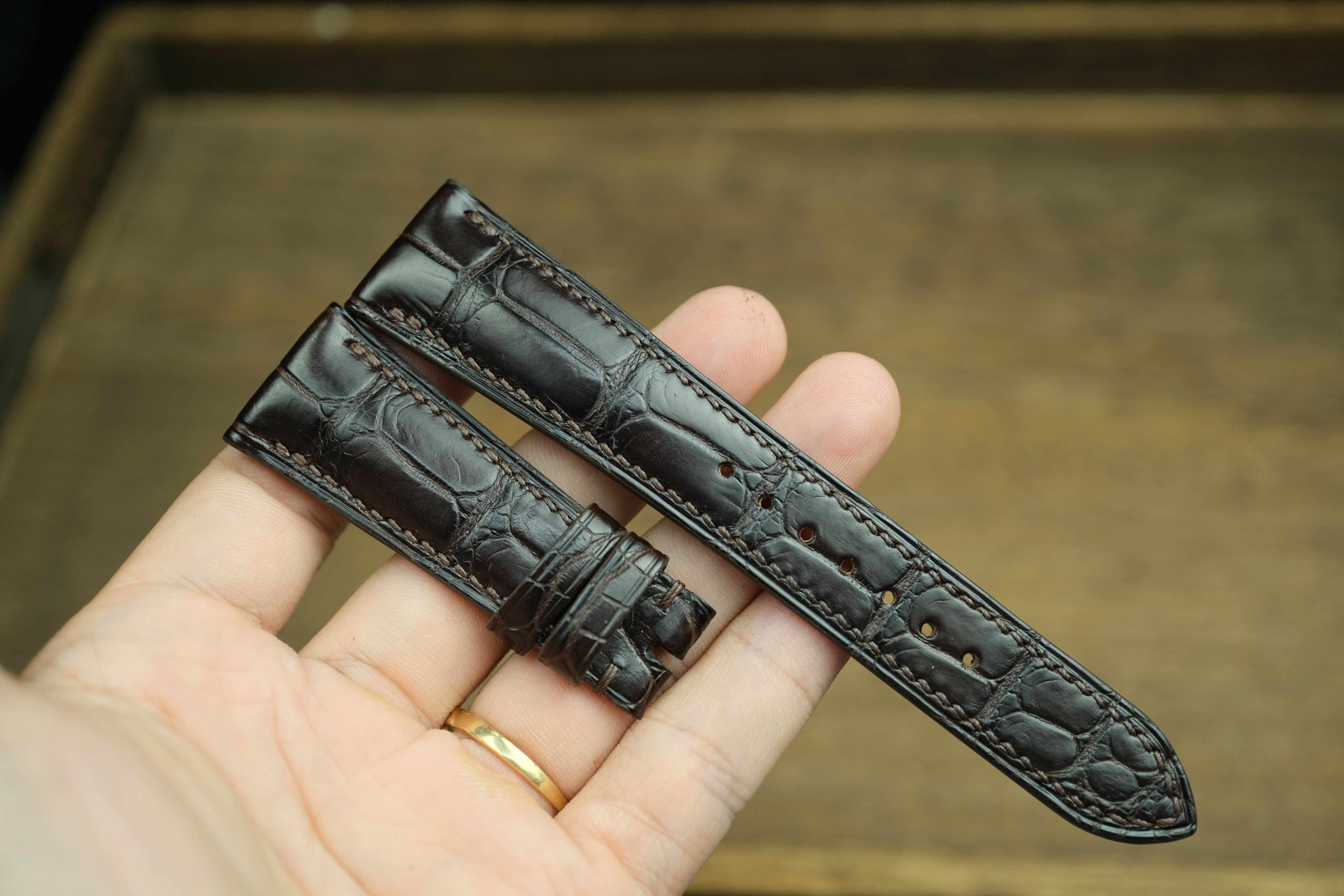 Genuine Dark Chocolate Brown Alligator Leather, Handmade Watch Strap