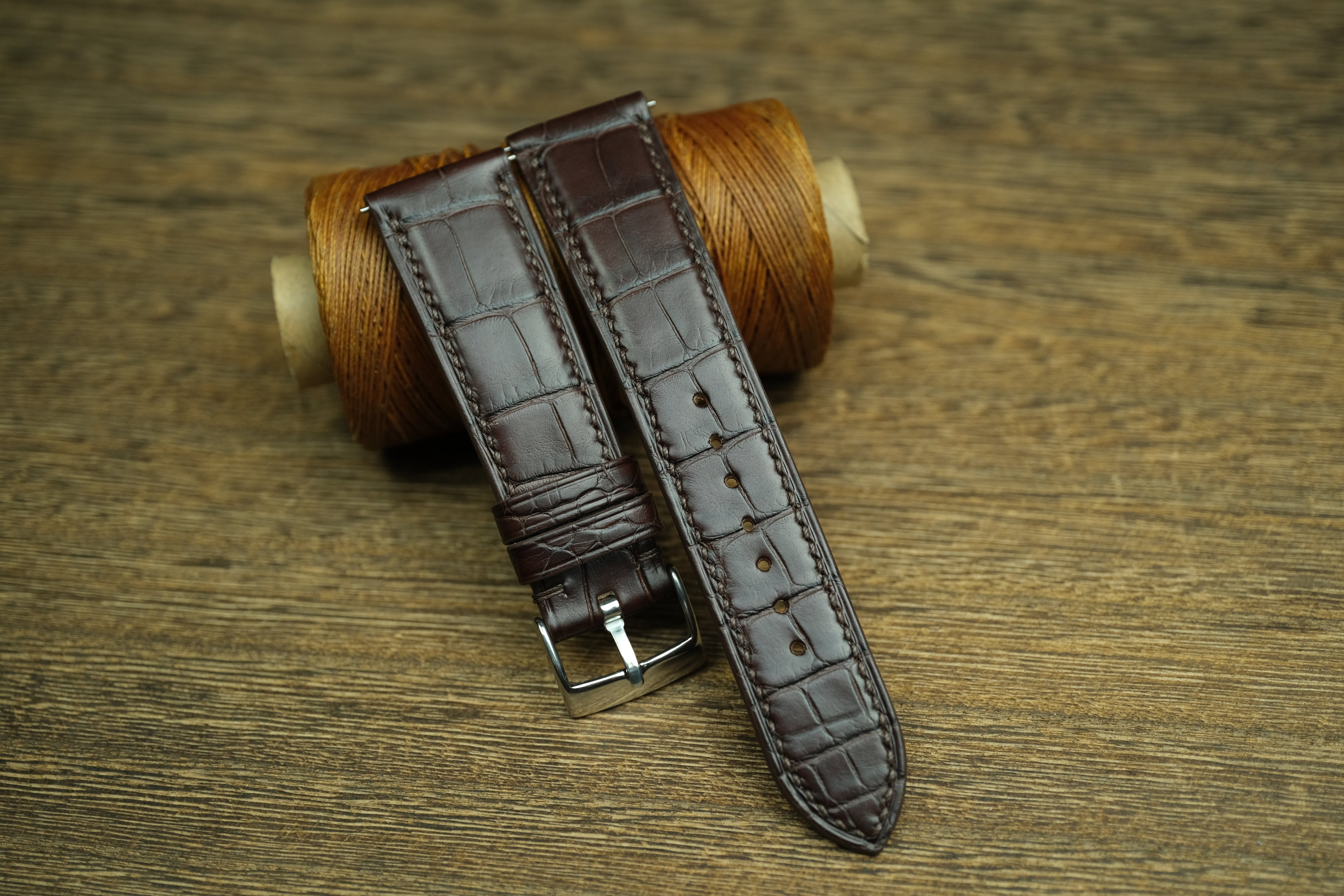 Genuine Darkbrown Alligator Leather, Handmade Watch Strap