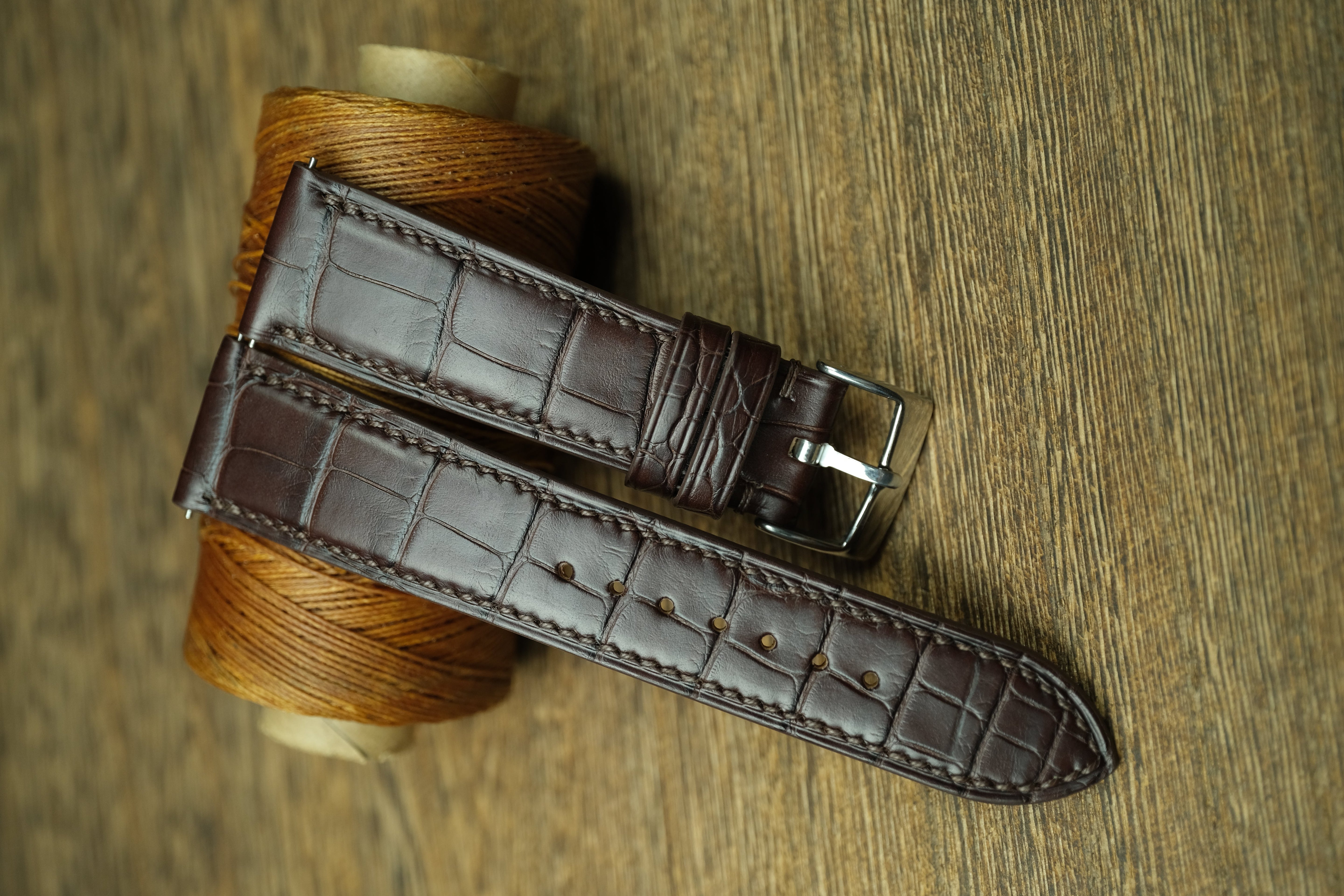 Genuine Darkbrown Alligator Leather, Handmade Watch Strap