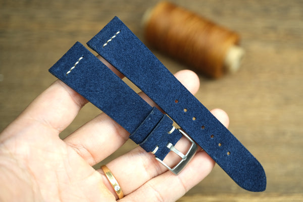 LEATHER WATCH STRAP, BLUE SUEDE LEATHER WATCH BAND ROW-STITCH .